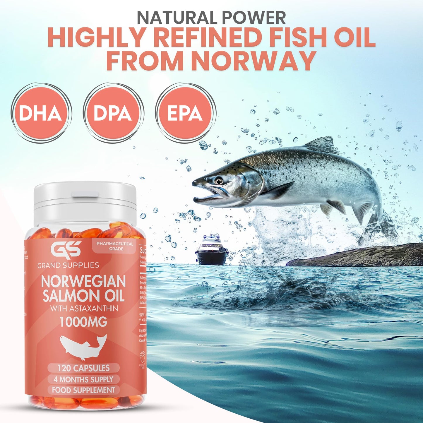 Norwegian Salmon Oil with Astaxanthin 1000mg - 4 Months / 120 Days Supply - Omega 3 6 9 Capsules High Strength - Rich in EPA, DHA & DPA, Burpless Taste