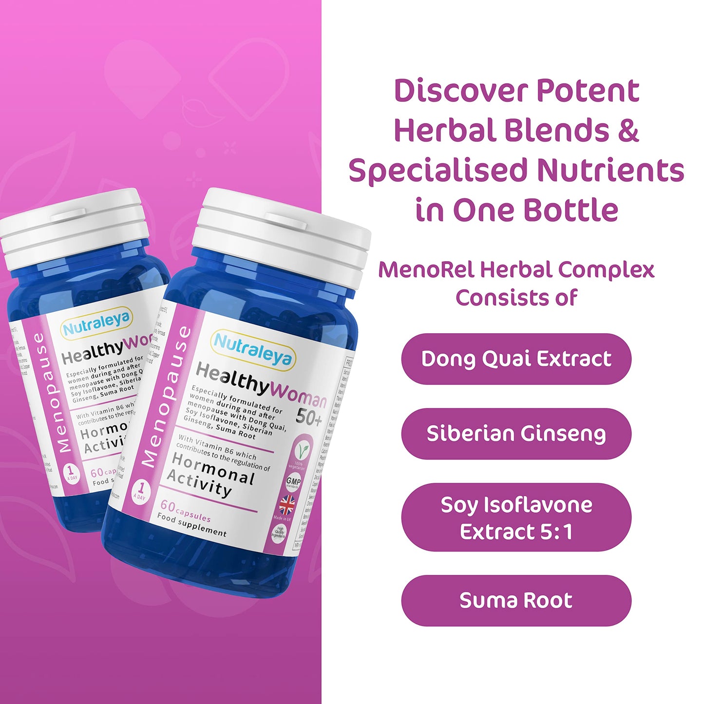 Nutraleya HealthyWoman 50+ Natural Menopause Vitamins, During and After Menopause, an Alternative to HRT, Includes: Soy Isoflavone, Suma Root 60 Day Supply