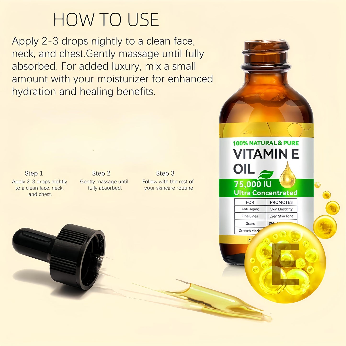 AurolaGlow Pure Vitamin E Oil for Skin & Hair - Natural Bio Oil Scar Treatment, Vitamin E Capsules for Face (2 Fl Oz) - Non GMO, Cold Pressed, Moisturizing & Easy to Absorb
