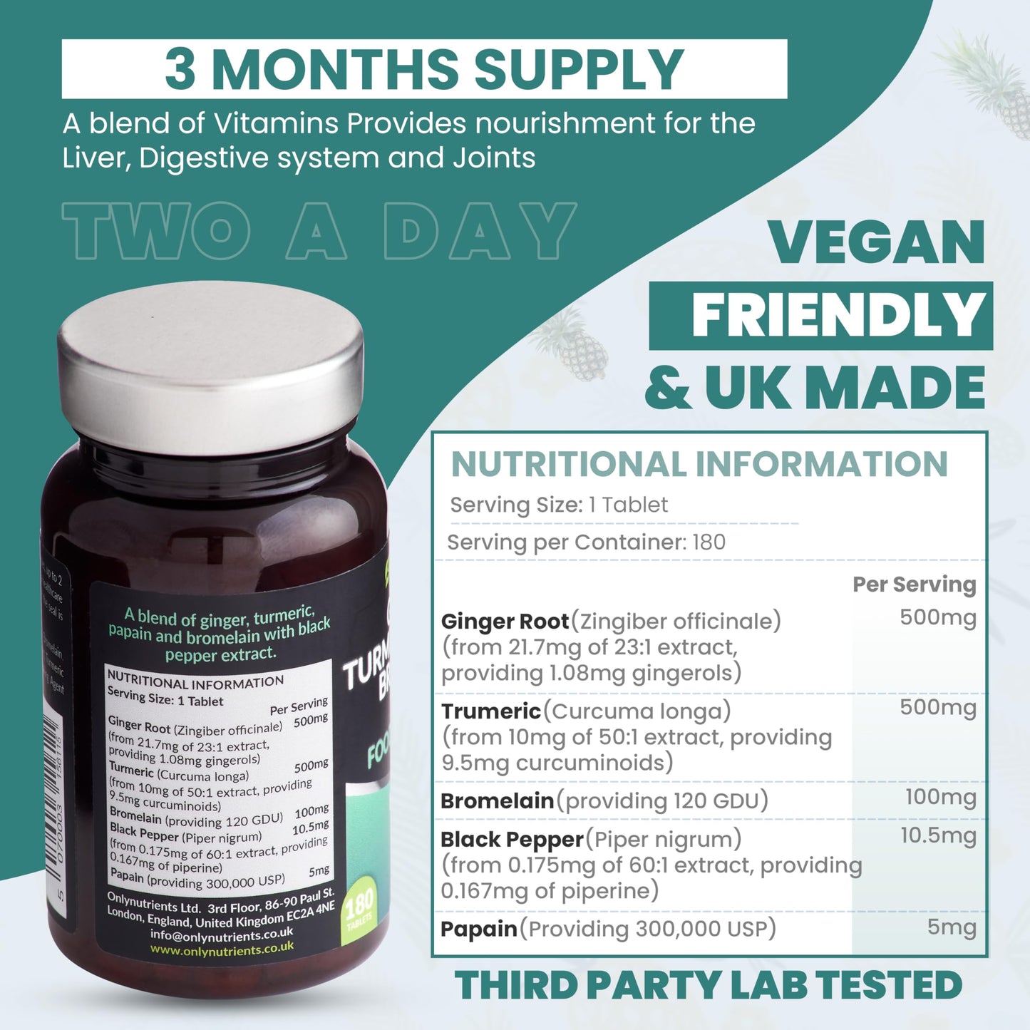 Only Nutrients | Ginger Turmeric Bromelain & Papain with Black Pepper Extract | 180 High Strength Botanical Anti-Inflammatory Tablet Supplements | GMP Approved | UK Made