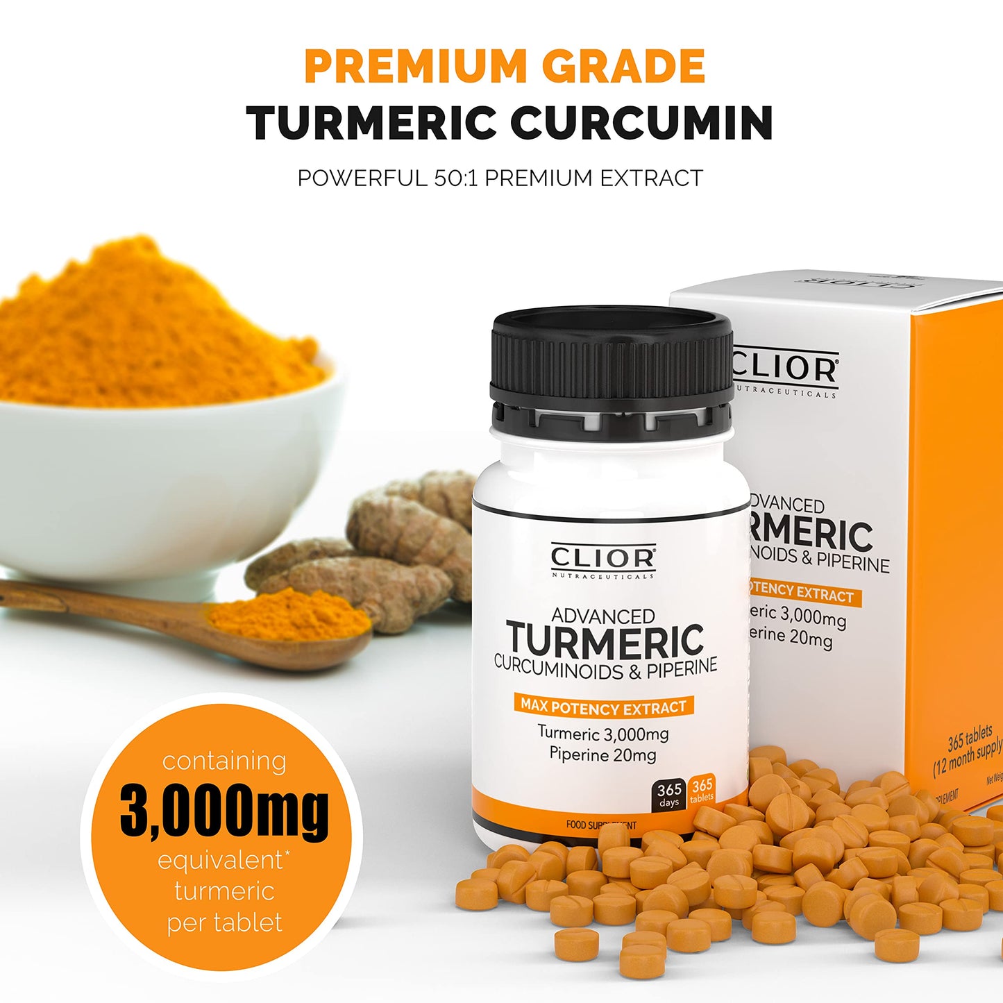 Turmeric Curcumin 3,000mg with Black Pepper x 365 Vegan Tablets High Strength | 1 Year Supply | 95% Curcumins + 20mg Piperine | Tiny Easy-to-Swallow Supplements by Clior (Cambridge Labs)