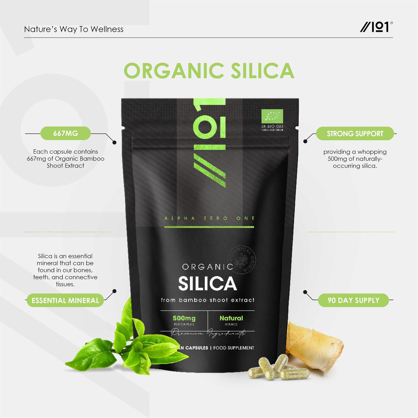 Organic Silicia 500mg - from Bamboo Shoot Extract - 90 Vegan Capsules (3 Months Supply) - Resealable and Recyclable Pouch - by Alpha01