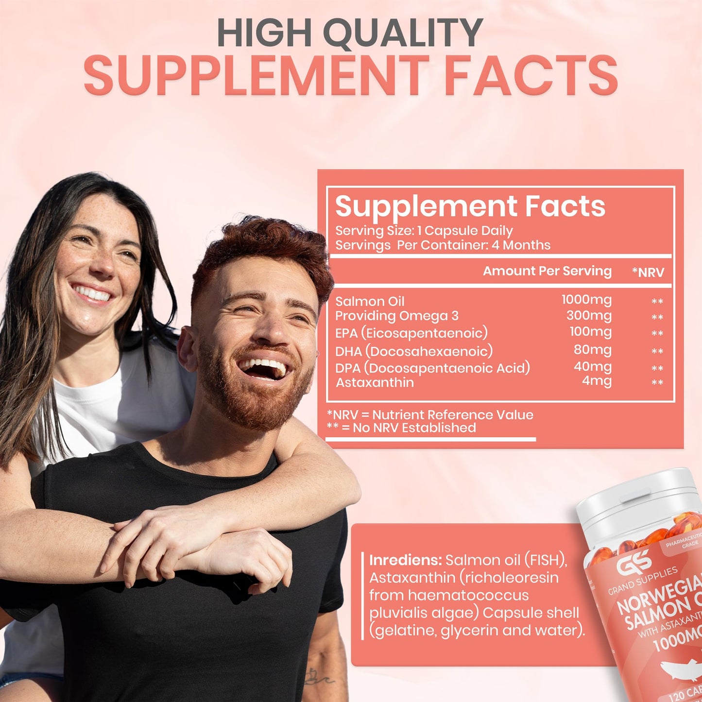 Norwegian Salmon Oil with Astaxanthin 1000mg - 4 Months / 120 Days Supply - Omega 3 6 9 Capsules High Strength - Rich in EPA, DHA & DPA, Burpless Taste