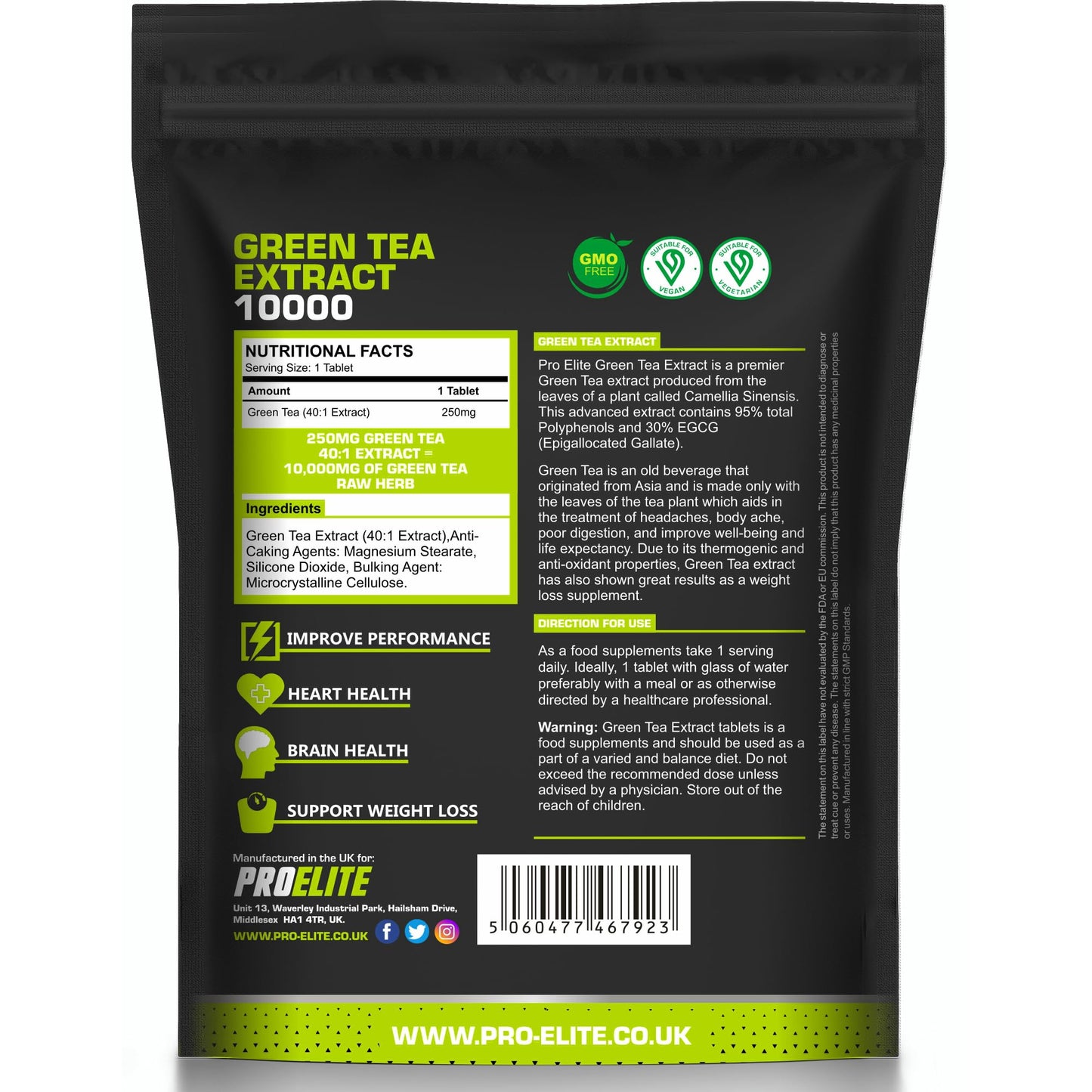 Green Tea Extract 10,000mg of Antioxidant 60 Tablet | 95% Polyphenols (297mg per Tablet) | (2 Months Supply) | Resealable and Recyclable Pouch | Vegan & Vegetarian | by PROELITE