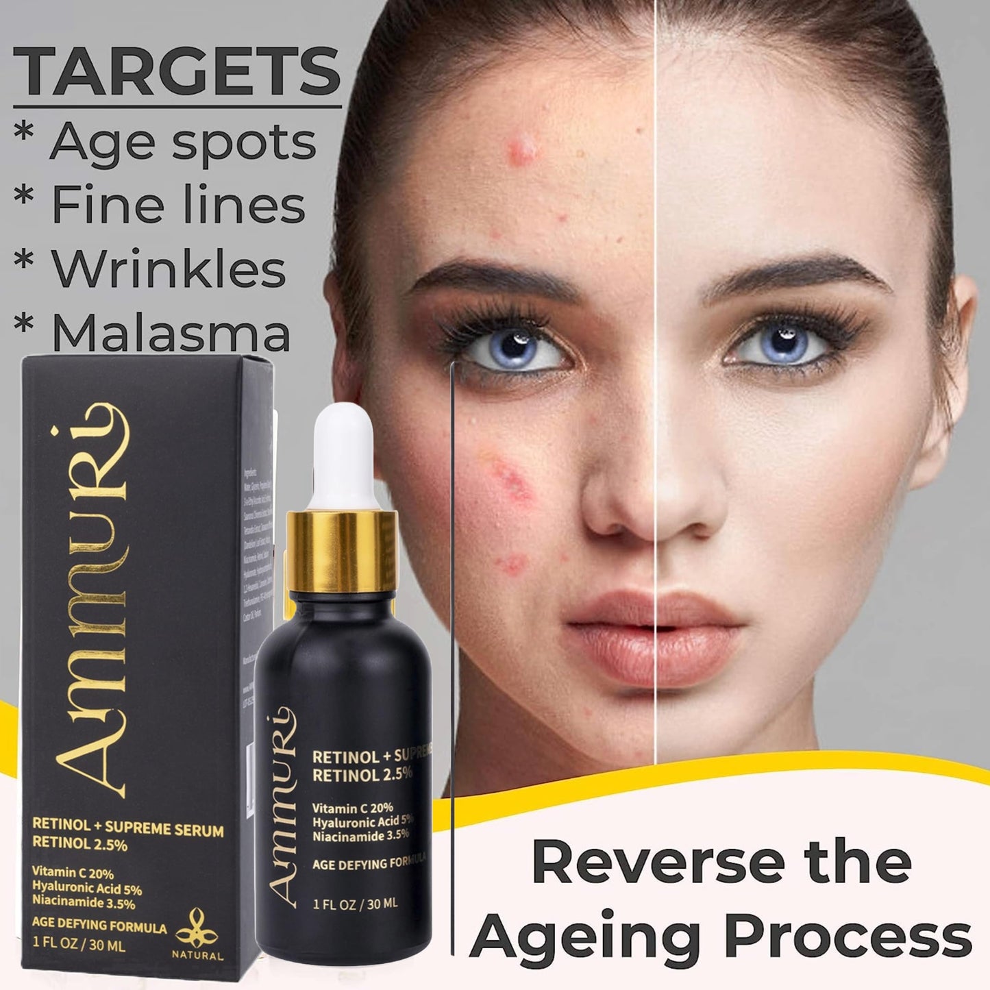 Ammuri Retinol + Supreme Serum 2.5% Vitamin C 20% with Hyaluronic Acid & Vitamin E, Face Serum, for Wrinkles, 5% Niacinamide 3.5% Anti Aging Skin Repair, Supercharged Face Serum