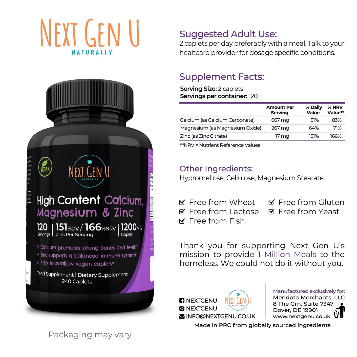 NGU Next Gen U Calcium Magnesium Zinc - Essential Mineral Supplement - 240 Vegan Caplets - for Immune Support and Bone Strength - for Adults Women and Men - by NextGenU