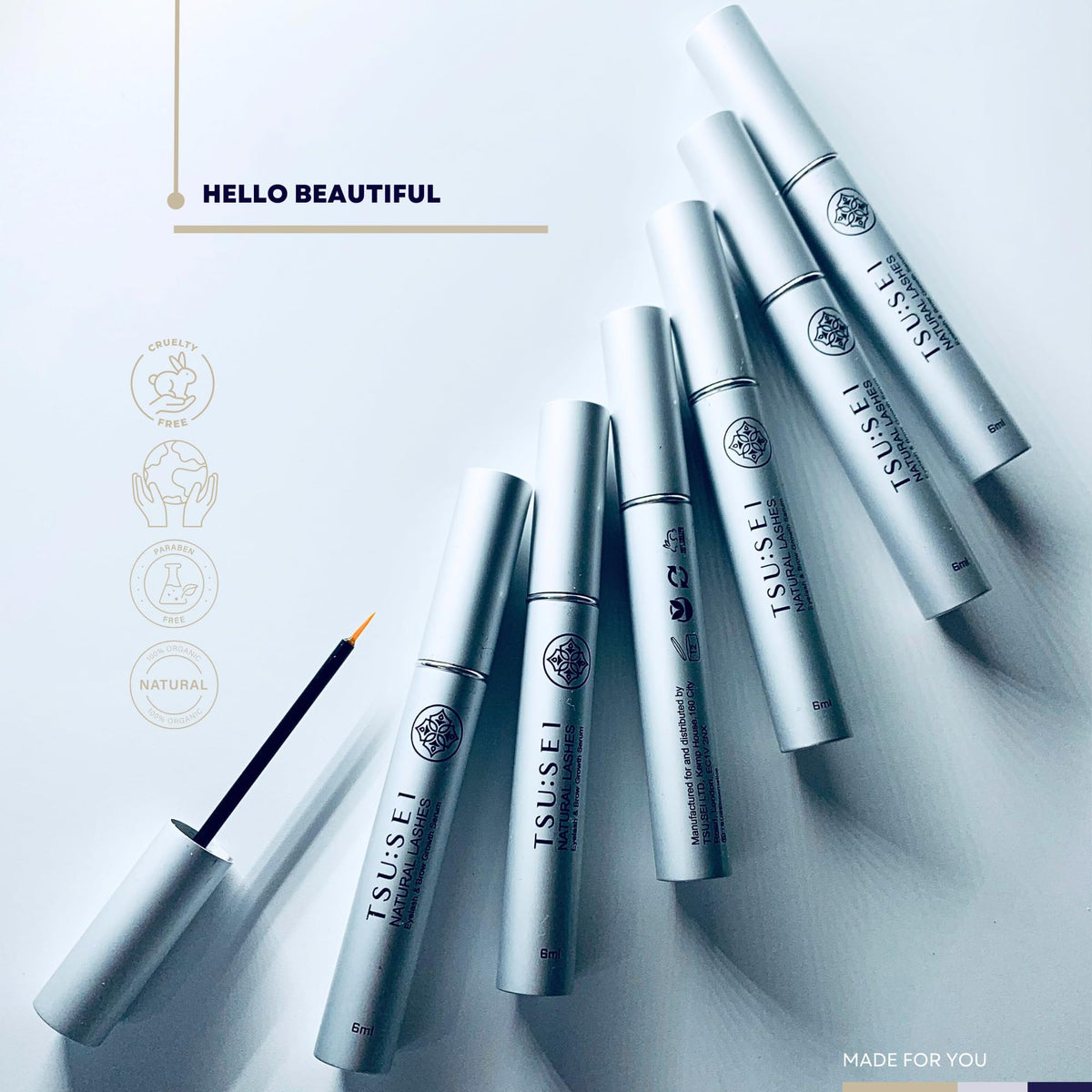 TSU:SEI Health and Beauty TSU:SEI Natural Lashes Eyelash Growth Serum for Longer, Fuller, Thicker Lashes | XL 6ml – 6 Months Supply | Lash Serum with Biotin & Peptides for Growth and Thickness | Prostaglandin-Free Lash Serum