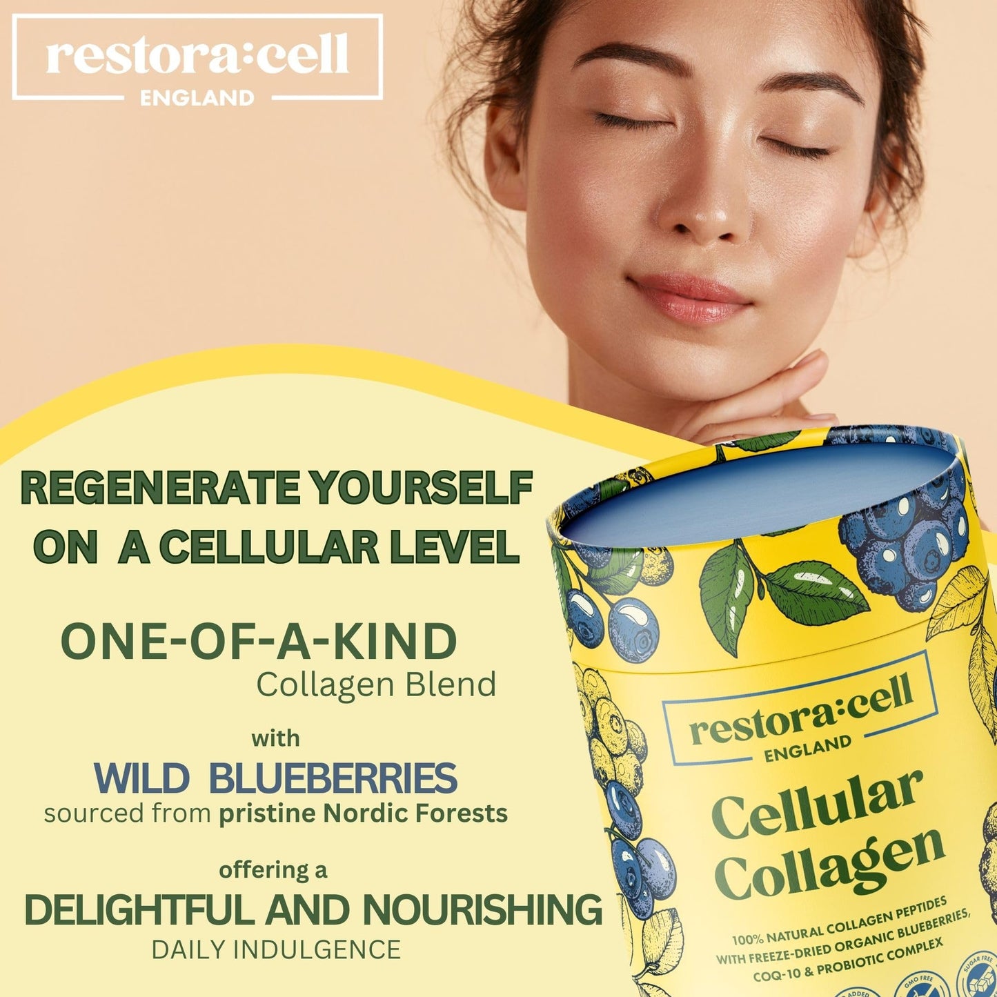 restora:cell Blueberry Cellular Collagen Powder Supplement 100% Natural Grass-fed Bovine Collagen Peptides with Vitamin C - 200 mg CoQ-10-20 Billion CFU Probiotic Blend - Paleo & Keto - 250g