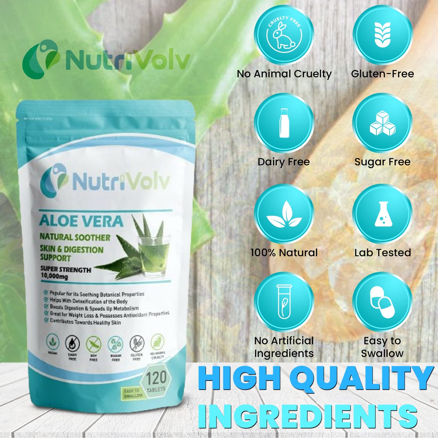 Nutrivolv Aloe Vera 10000mg - 120 Tablets - Skincare Colon Cleanse Digestion Detox