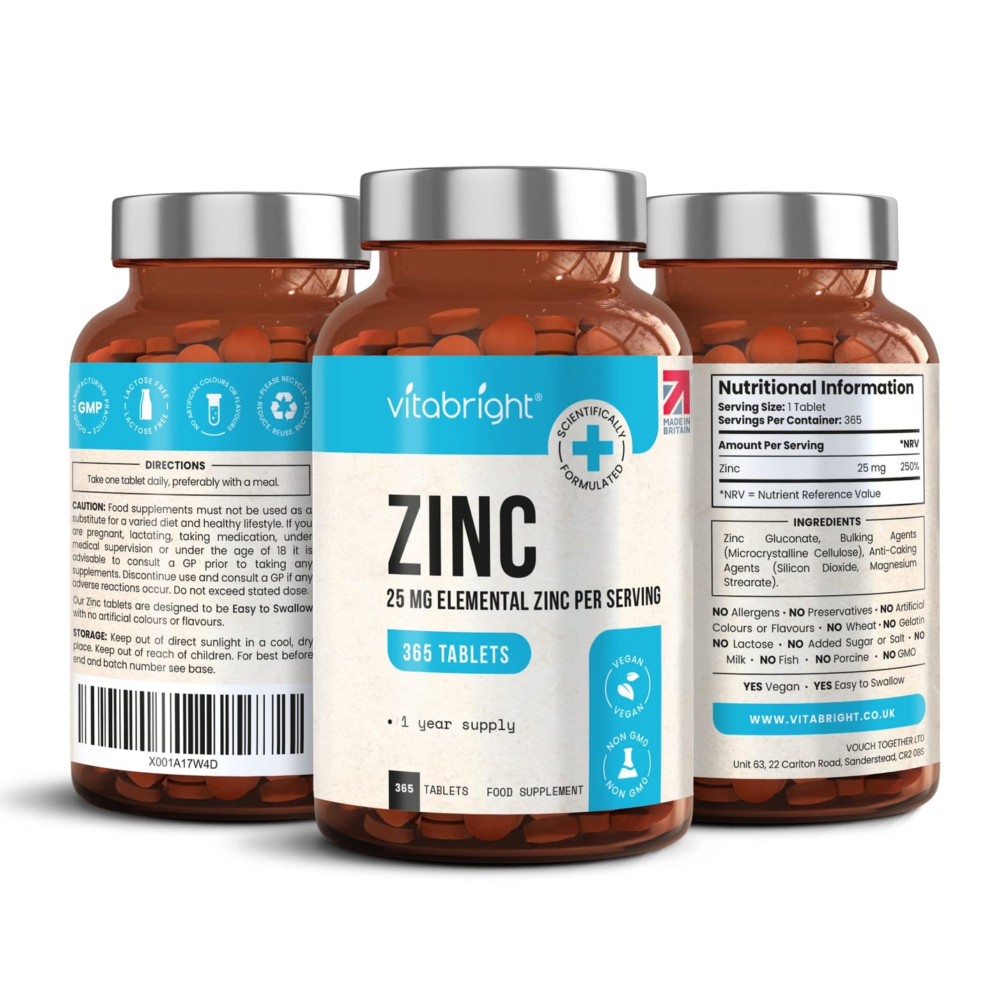 Zinc Tablets High Strength - 25mg Elemental Zinc – 365 Vegan Tablet Pills (1 Year Supply) – Zinc Gluconate - Chelated Zinc Supplements for Immune System, Hair, Skin, Bones, Nails – Made by VitaBright