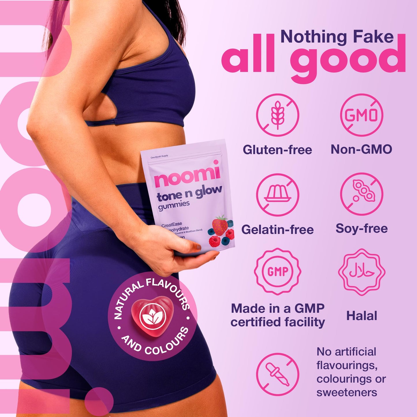 Creatine Gummies for Women with Collagen – Creatine Monohydrate + Collagen Gummies for Women – Pre Workout Chews for Glow, Strength & Focus – 1 Month Supply – Berry Flavour – noomi Tone n Glow