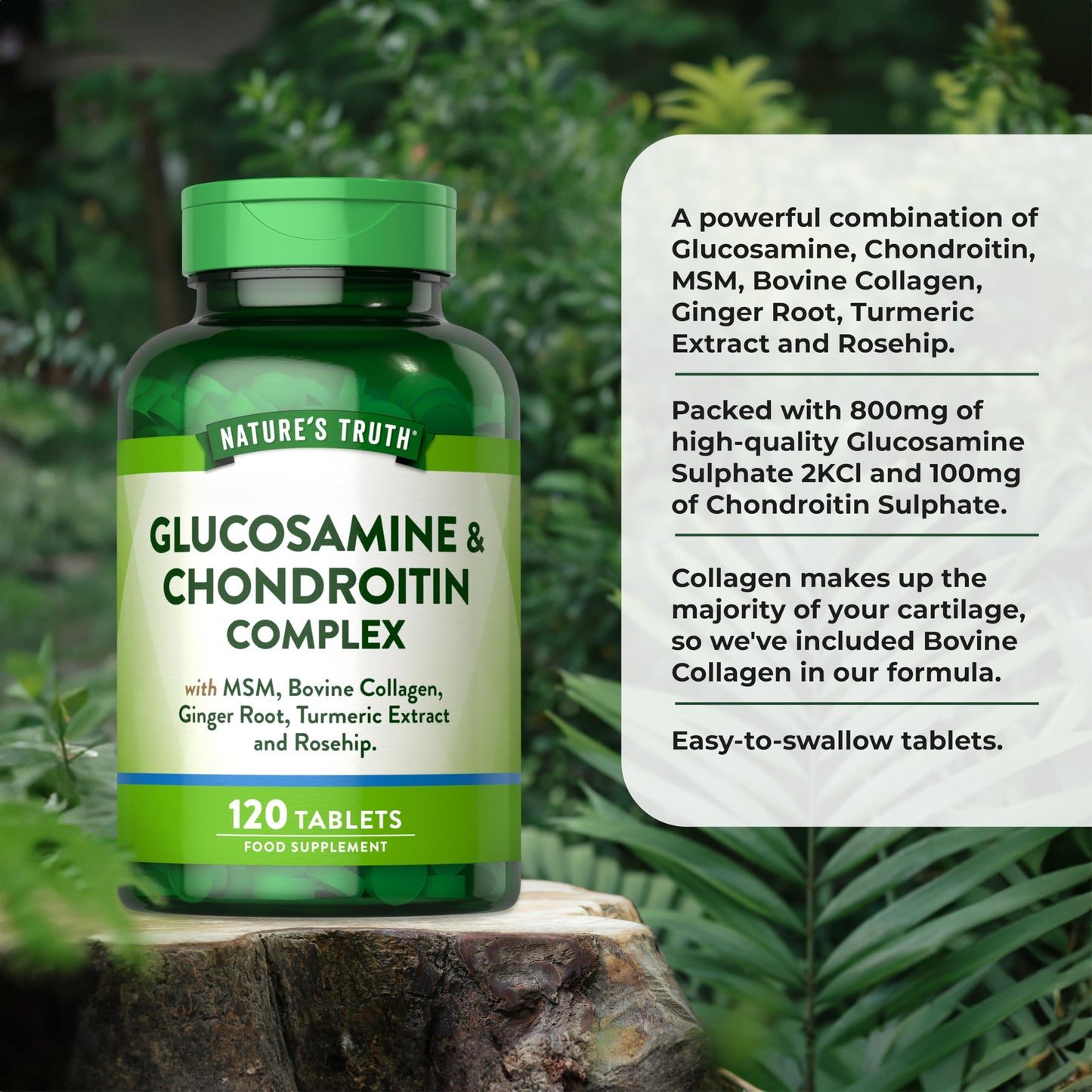 Glucosamine and Chondroitin High Strength Complex | 120 Tablets | with MSM, Bovine Collagen, Ginger Root, Turmeric Extract, and Rosehip | No Artificial Preservatives | by Nature's Truth