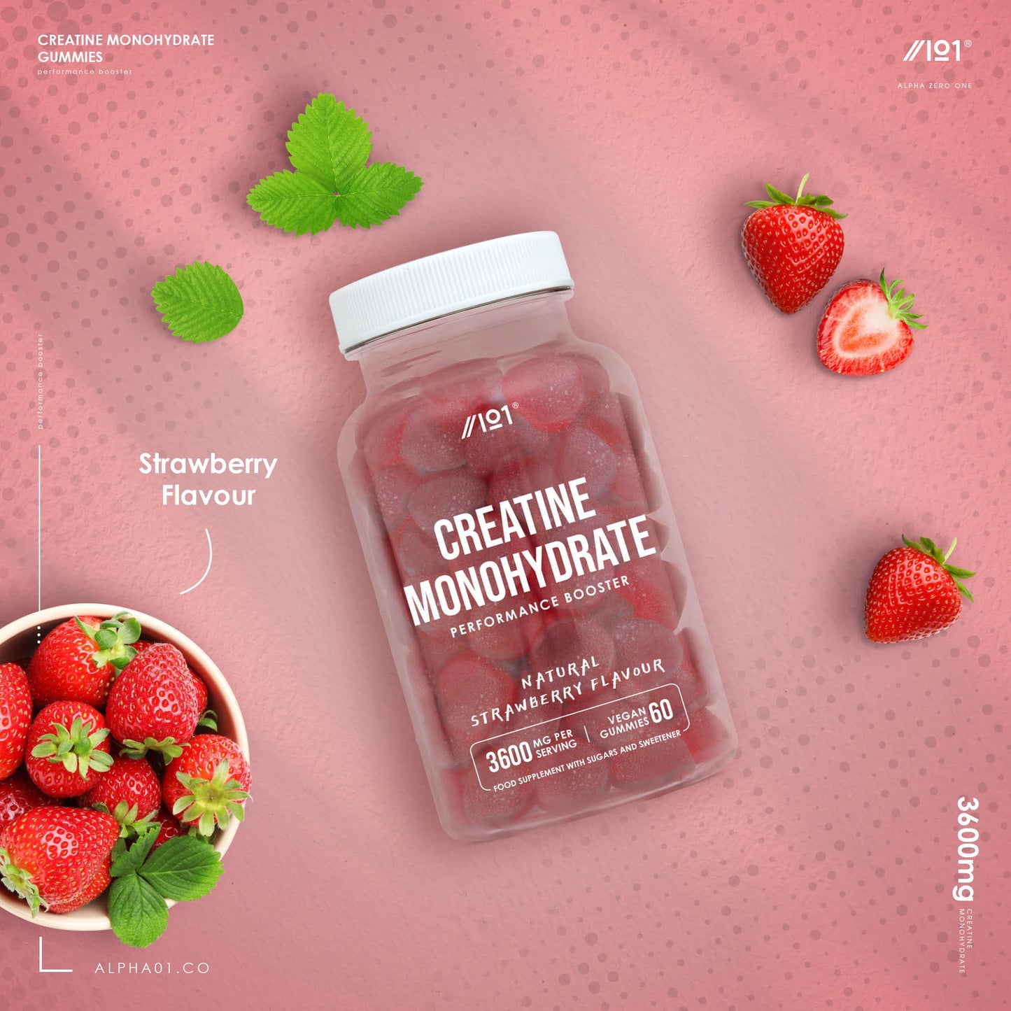 ALPHA01 Creatine Monohydrate Gummies 3600mg ~ Proven to Increase Physical Performance ~ Non-GMO, Halal ~ 60 Vegan Gummies ~ by Alpha01