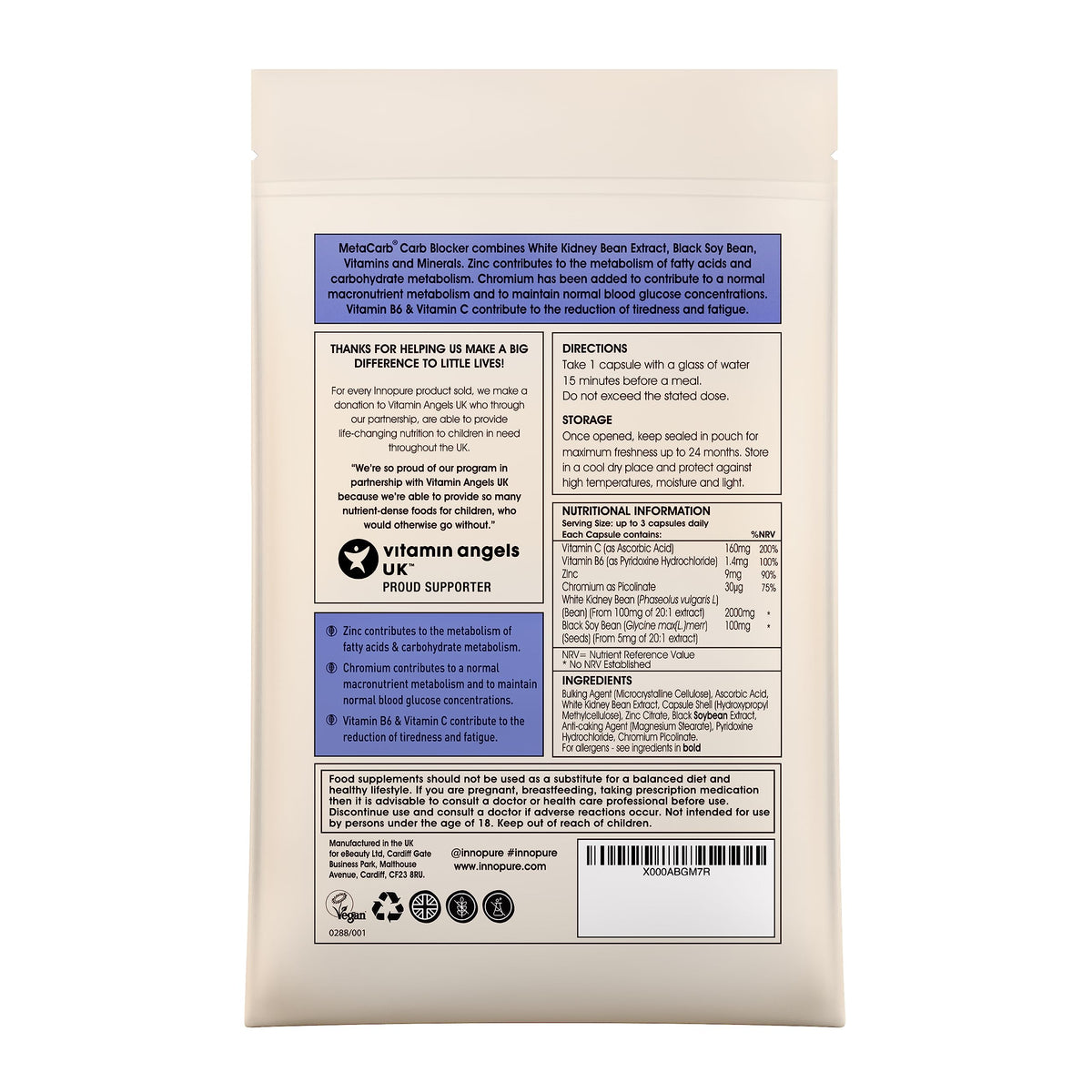 INNOPURE MetaCarb® Metabolic & Blood Sugar Balance Support – with White Kidney Bean, Chromium Picolinate, Zinc, Vitamin C & B6 – UK Made, 90 Vegan Capsules