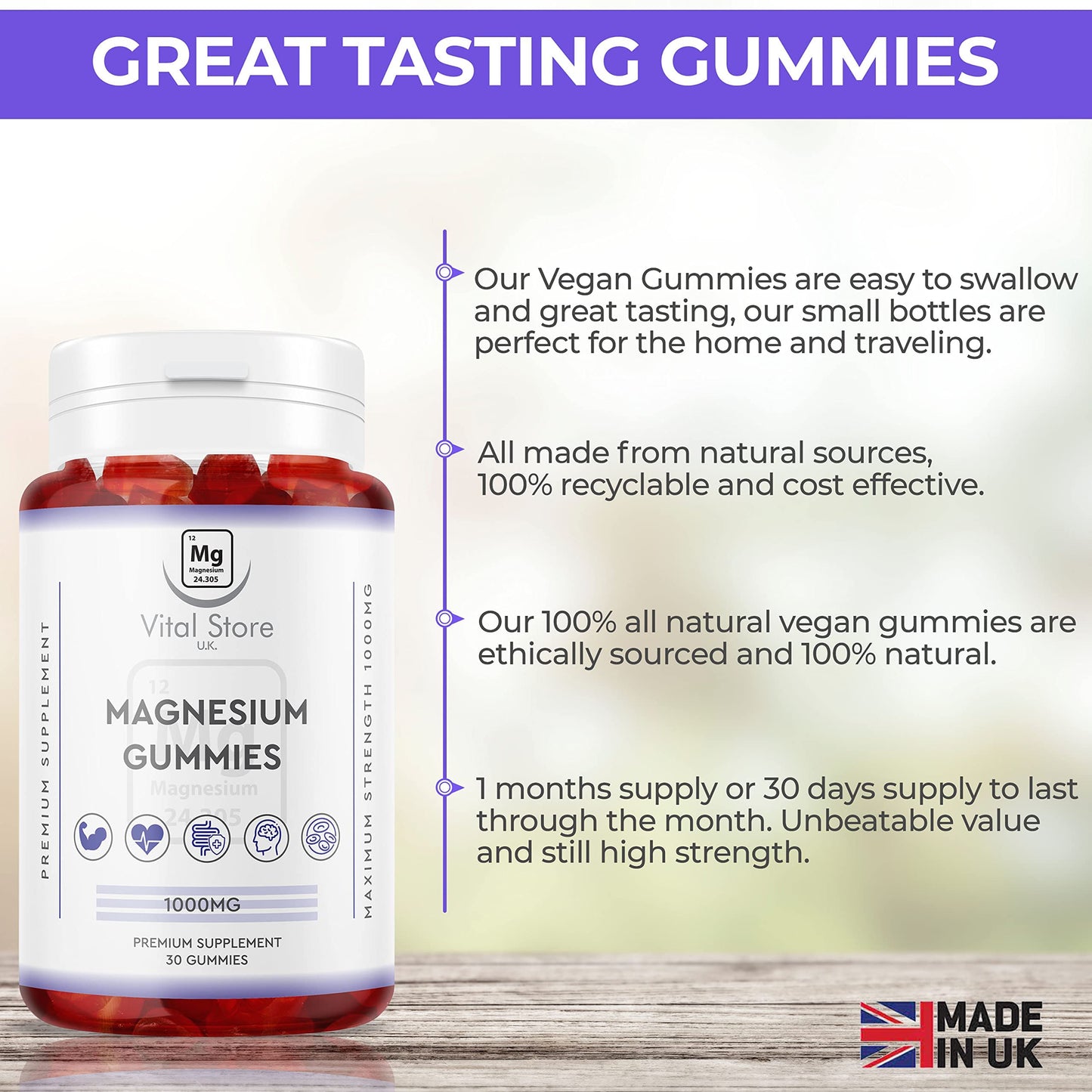 Magnesium Gummies 1000MG - Vegan 1 Month Supply - Berry Flavour - High Strength Magnesium Gummies - Magnesium Supplements, 30 Count (Pack of 1)