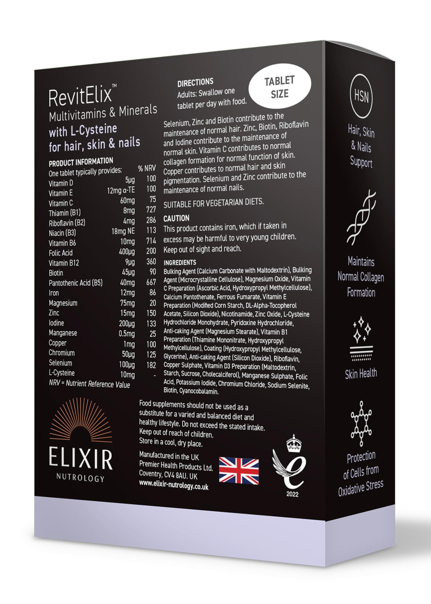 ELIXIR NUTROLOGY Hair Skin & Nails Multivitamins | Supports Normal Hair, Skin & Nail Health | with Biotin, Vitamin C, Vitamin E & Zinc | Collagen Formation & Antioxidant Support | 30 Vegetarian Tablets | UK Made
