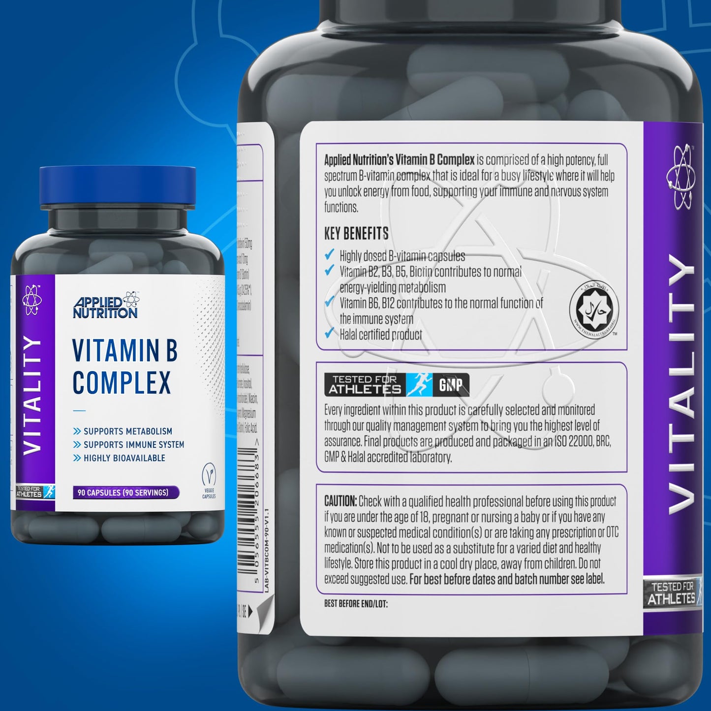 Applied Nutrition Vitamin B Complex Multivitamin - High Potency B12, B6, B1, Folic Acid & Biotin - Supports Metabolism, Reduces Tiredness & Fatigue, Helps Immune System - (90 Capsules)
