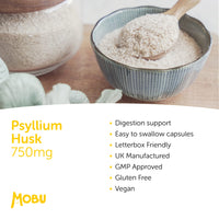 Psyllium Husk 750mg 120 Capsules | Fibre Supplement | High in Soluble Fibre | Digestion Support | Vegan UK Made | GMP Approved | MOBU