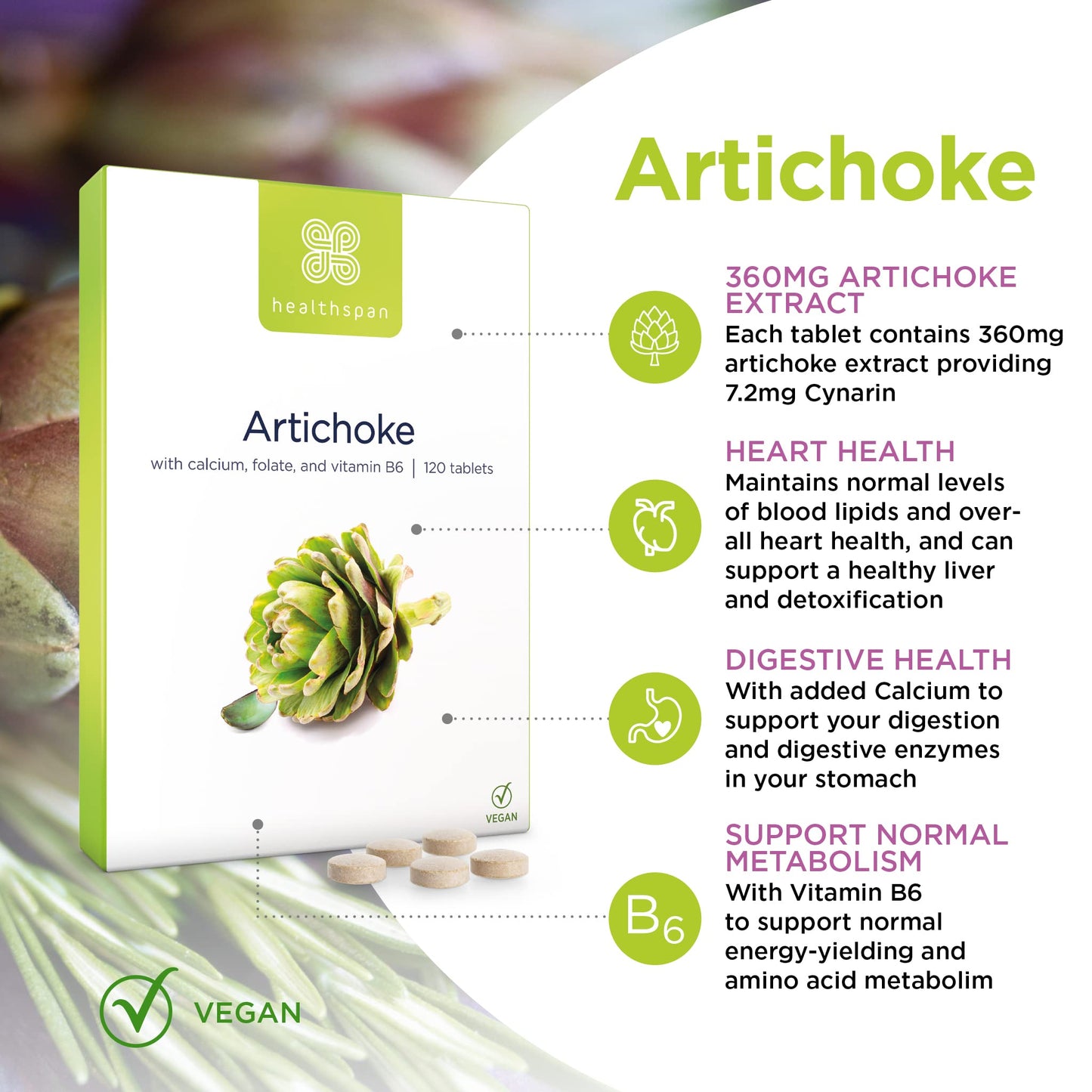 Healthspan Artichoke Extract 360mg (120 Tablets) | Supports Digestion & Liver Health | High Strength Vegan Artichoke Tablets with 7.2mg of Cynarin | with Calcium, Folate & Vitamin B6 | Vegan