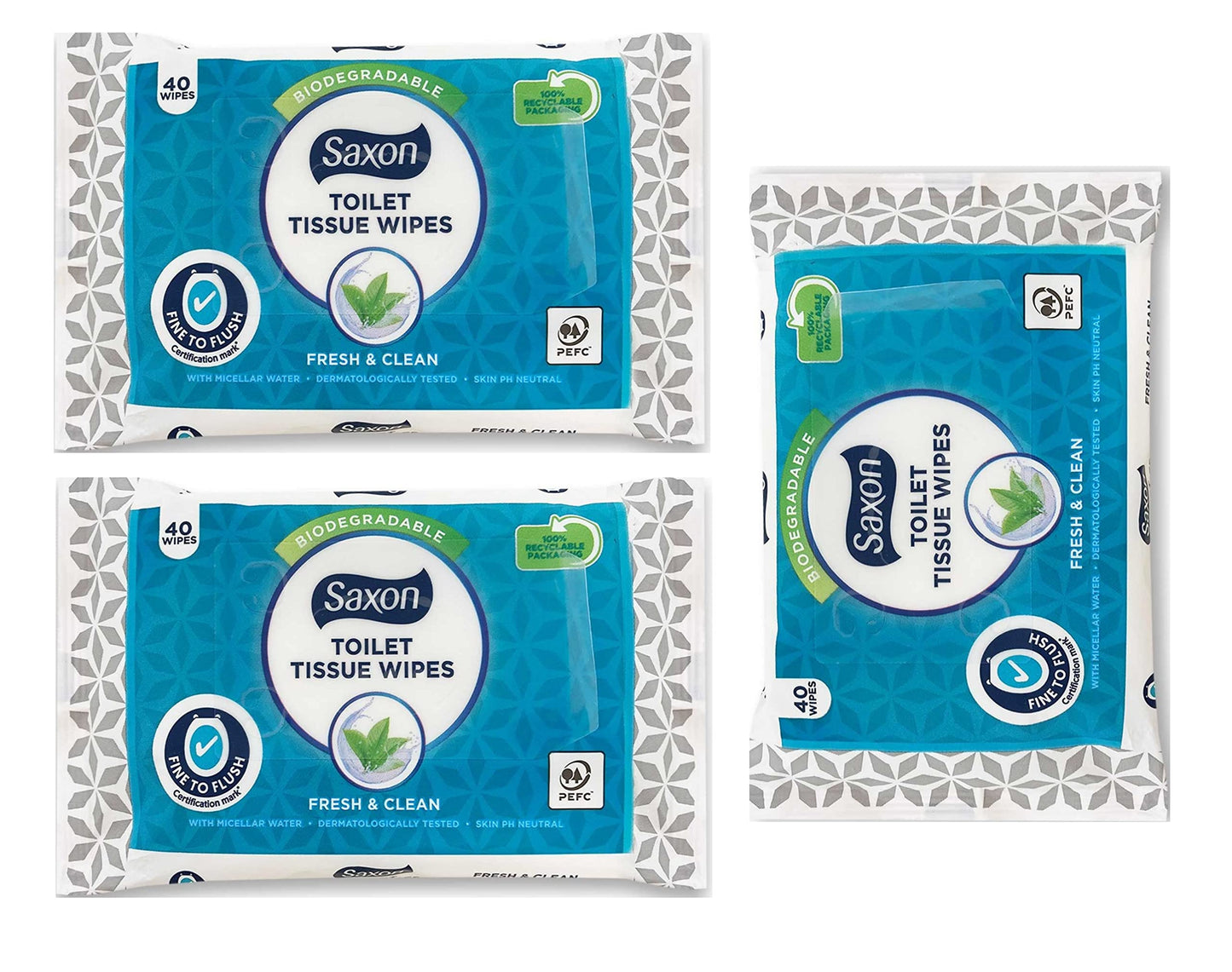 Toilet Tissue Wipes Biodegradable, Normal/Sensitive, Fresh and Clean with Micellar Water - Fine To Flush (3 Pack - 120 Wipes) (Normal)