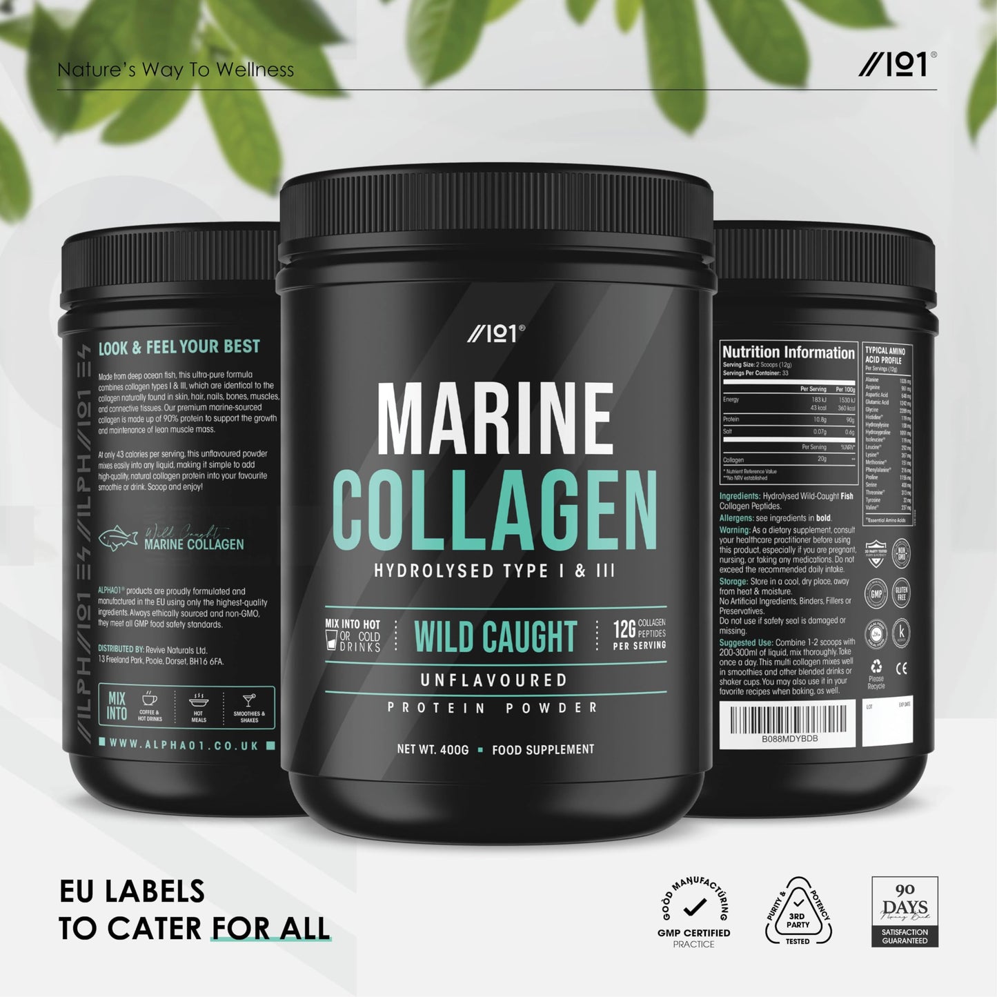 Marine Collagen Powder Supplement - Wild-Caught Canadian Marine Collagen - Unflavoured - Types 1 & 3 Collagen Peptides - Hydrolysed Deep Ocean Canadian Source. Non GMO, Gluten Free, Halal. 400g