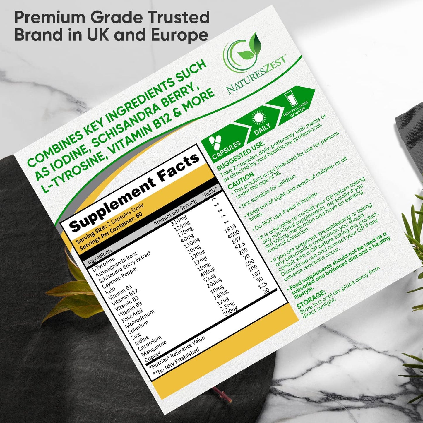 Natures Zest ThyroMax - Thyroid Support Supplement - 120 Vegan Capsules - 17 Active Ingredients Including Iodine, L-Tyrosine, Ashwagandha, B12 and Zinc - UK Made, 2 Month's Supply