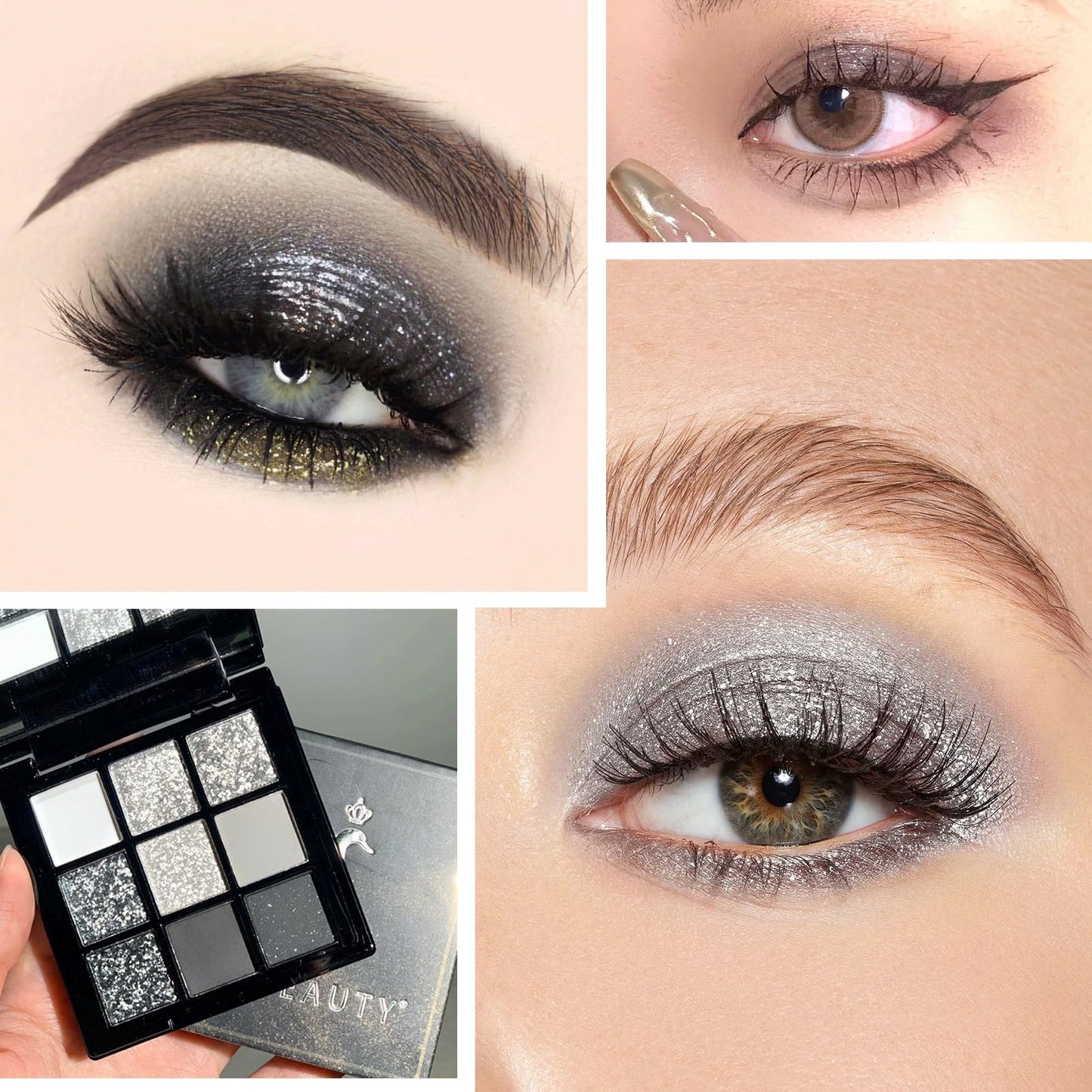 HAORQEE Black Eyeshadow Palette, Smokey Glitter Silver Gothic Eye Shadow Make Up Palettes White Grey Matte Cold Toned Long Lasting Waterproof Eye Shadows Pallets for Women Girls Halloween Goth Christmas Gifts