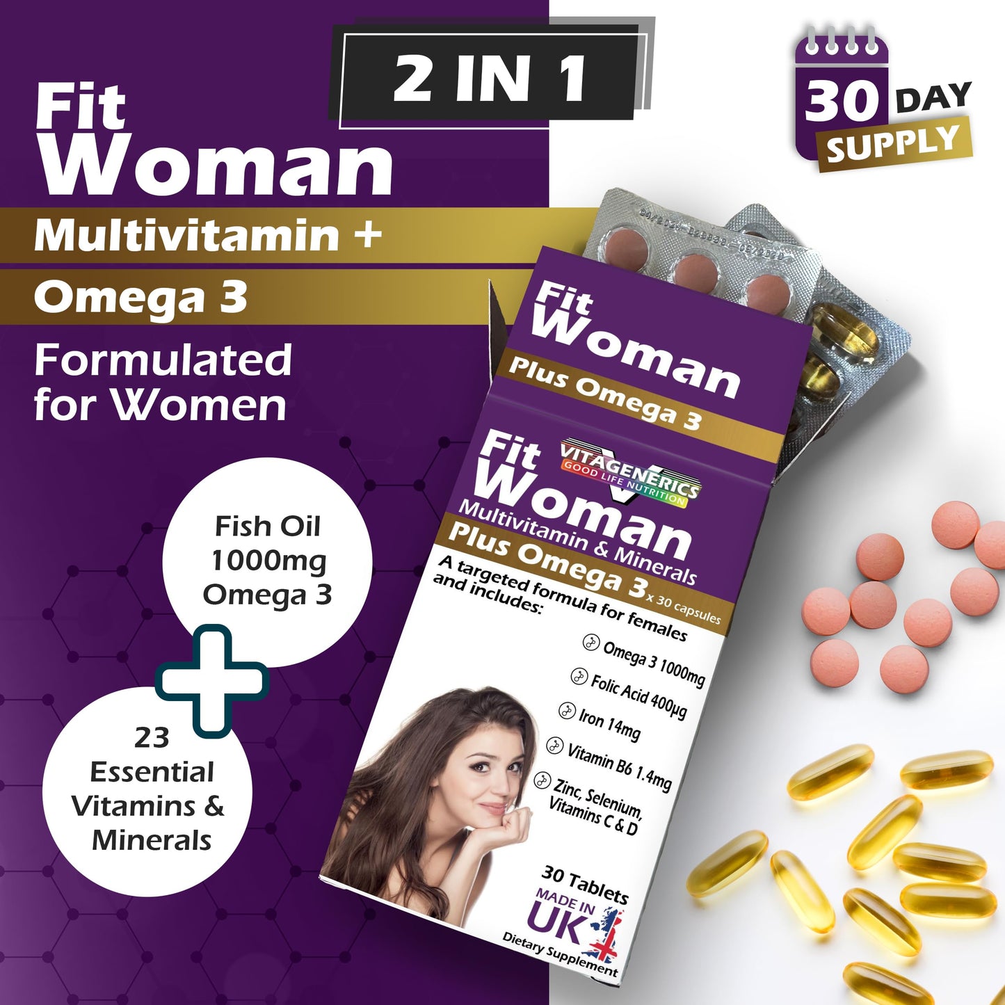 VitaGenerics VITAGENERICS FitWoman Multivitamin & Minerals Plus Omega 3, 30 Tablets Plus 30 Capsules, with Zinc, Iron & B Vitamins, Made in UK
