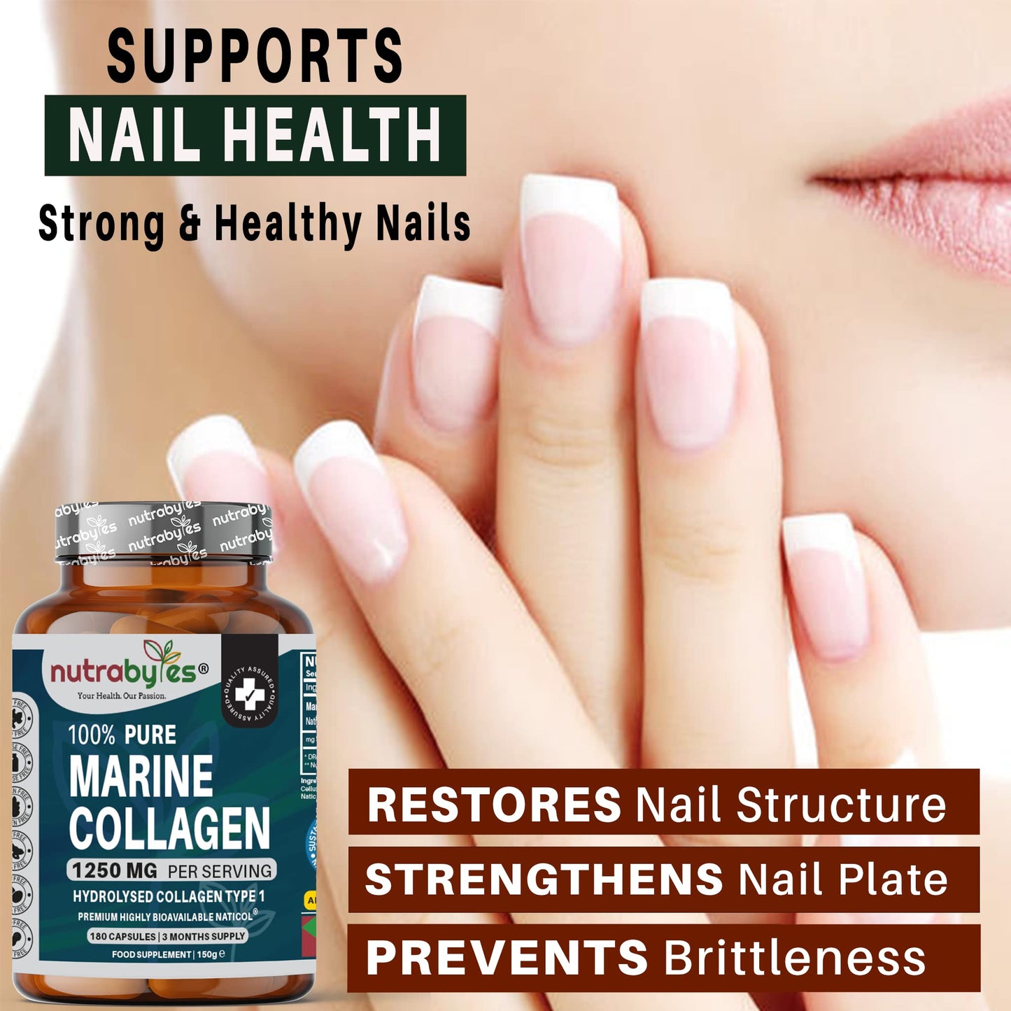 High Strength Marine Collagen Capsules - 1250mg Hydrolysed Collagen Supplement - Type 1 Hydrolysed Collagen Peptides - 180 Collagen Capsules - 3 Months Supply - Collagen Supplements for Women & Men