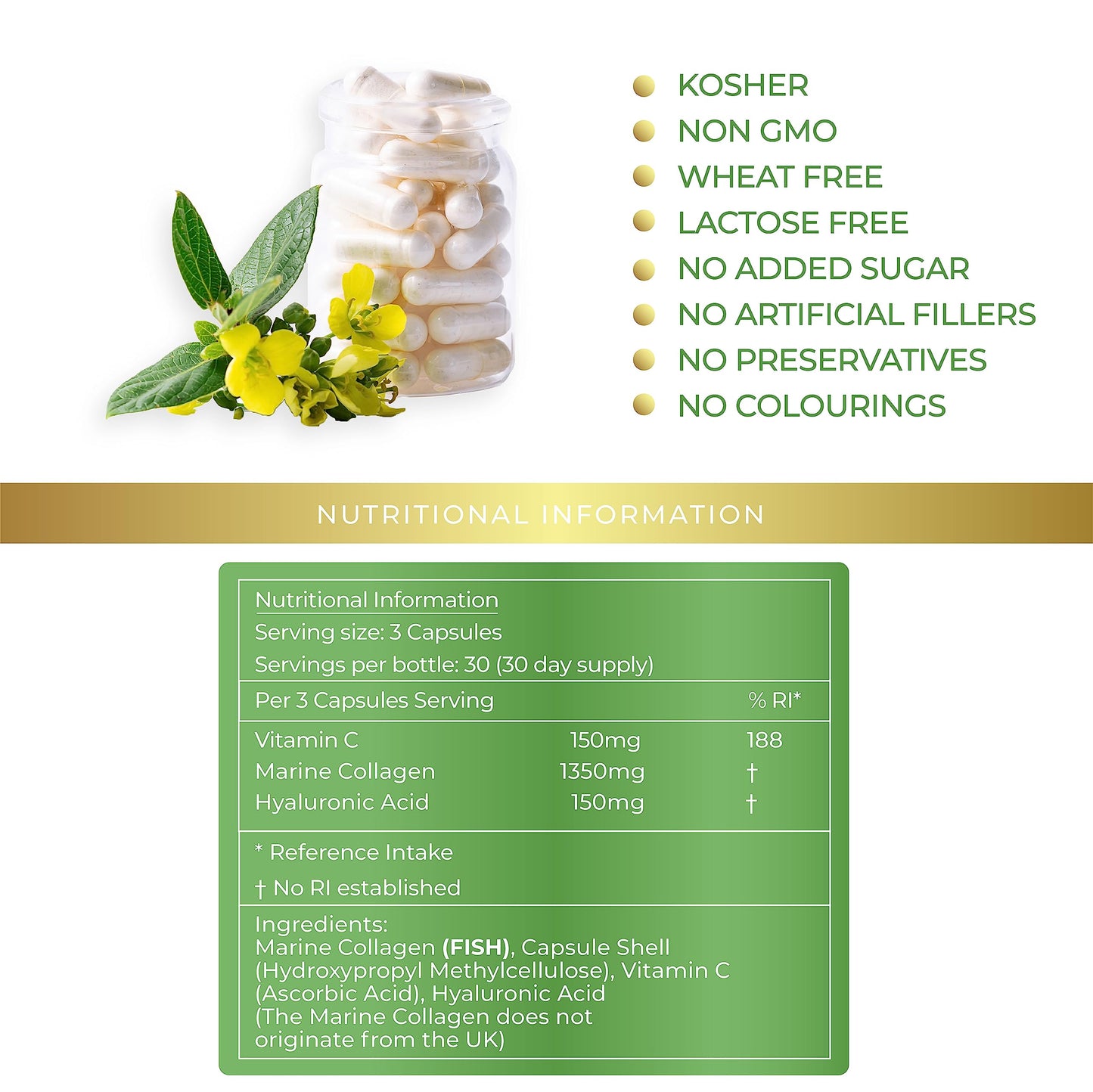 Lily Green Supplements Lily Green | Marine Collagen with Hyaluronic Acid & Vitamin C - 1650mg per Serving | 90 Capsules | Hydrolysed Type 1 Collagen for Women & Men | No Additives | Made in UK
