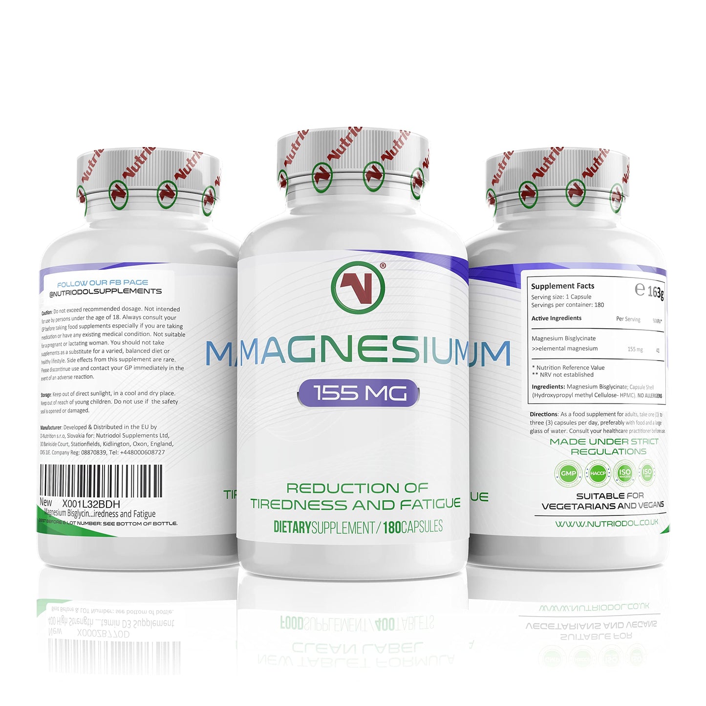 Nutriodol Magnesium Bisglycinate - Up to 465mg per Day | 180 x Easy to Swallow Capsules | 60 Days Minimum Supply | Reduce Tiredness and Fatigue