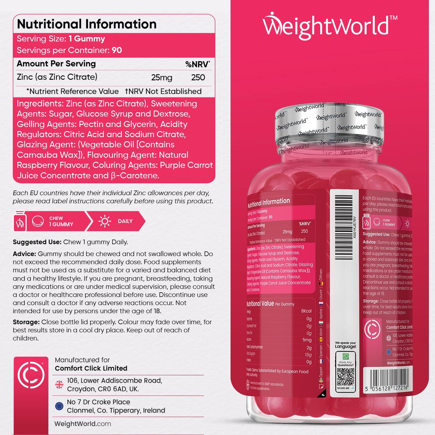 Zinc Gummies 25mg per Gummy – 90 Vegan Zinc Citrate Gummies - Natural Raspberry Flavour – Better Alternative to Bitter Zinc Tablets - Immunity, Skin & Hair Gummies - Zinc Supplement for Men & Women