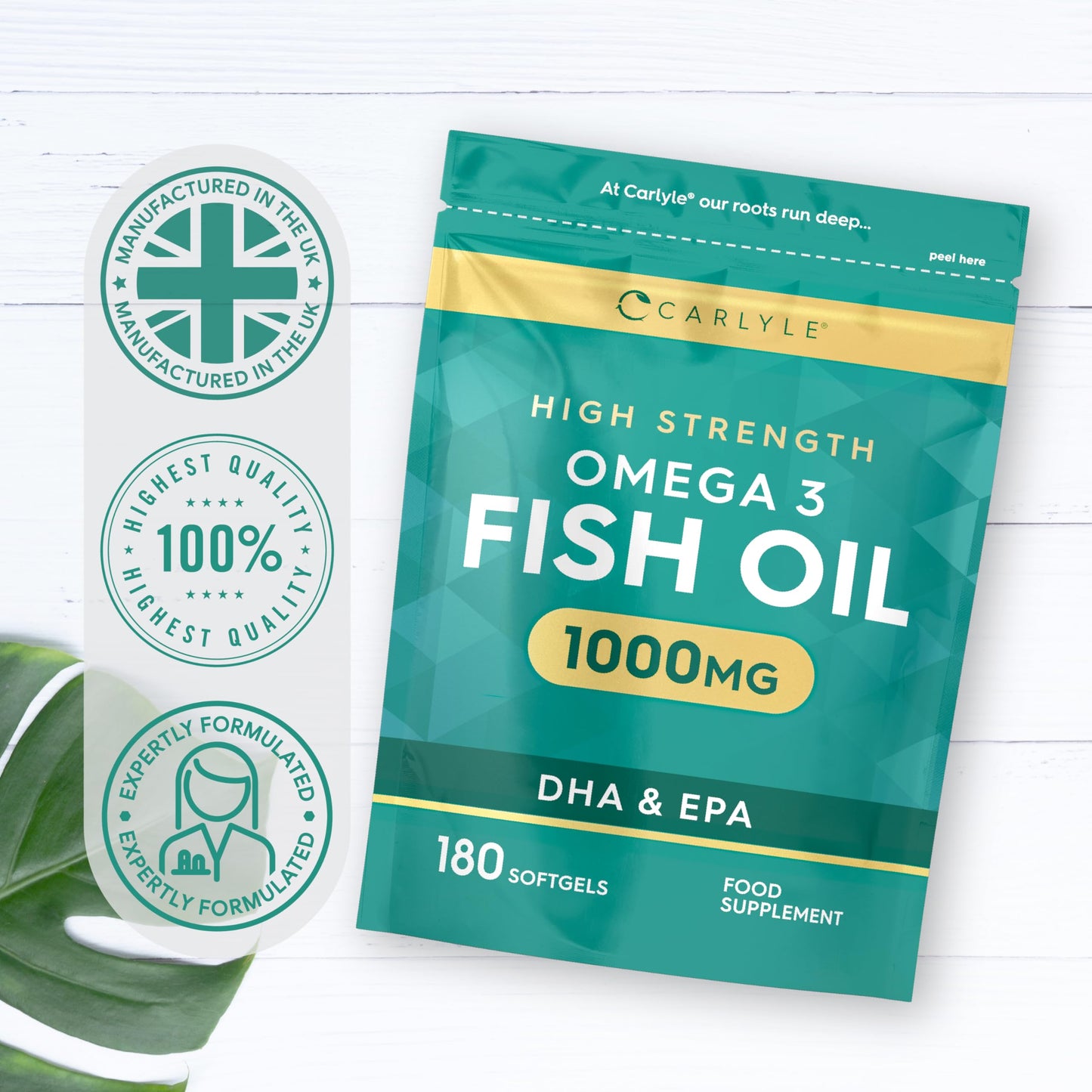 Omega 3 Capsules 1000mg | 180 Count | High Strength Omega 3 Fish Oil Supplement with 120mg of DHA and 180mg of EPA | No Artificial Preservatives | by Carlyle