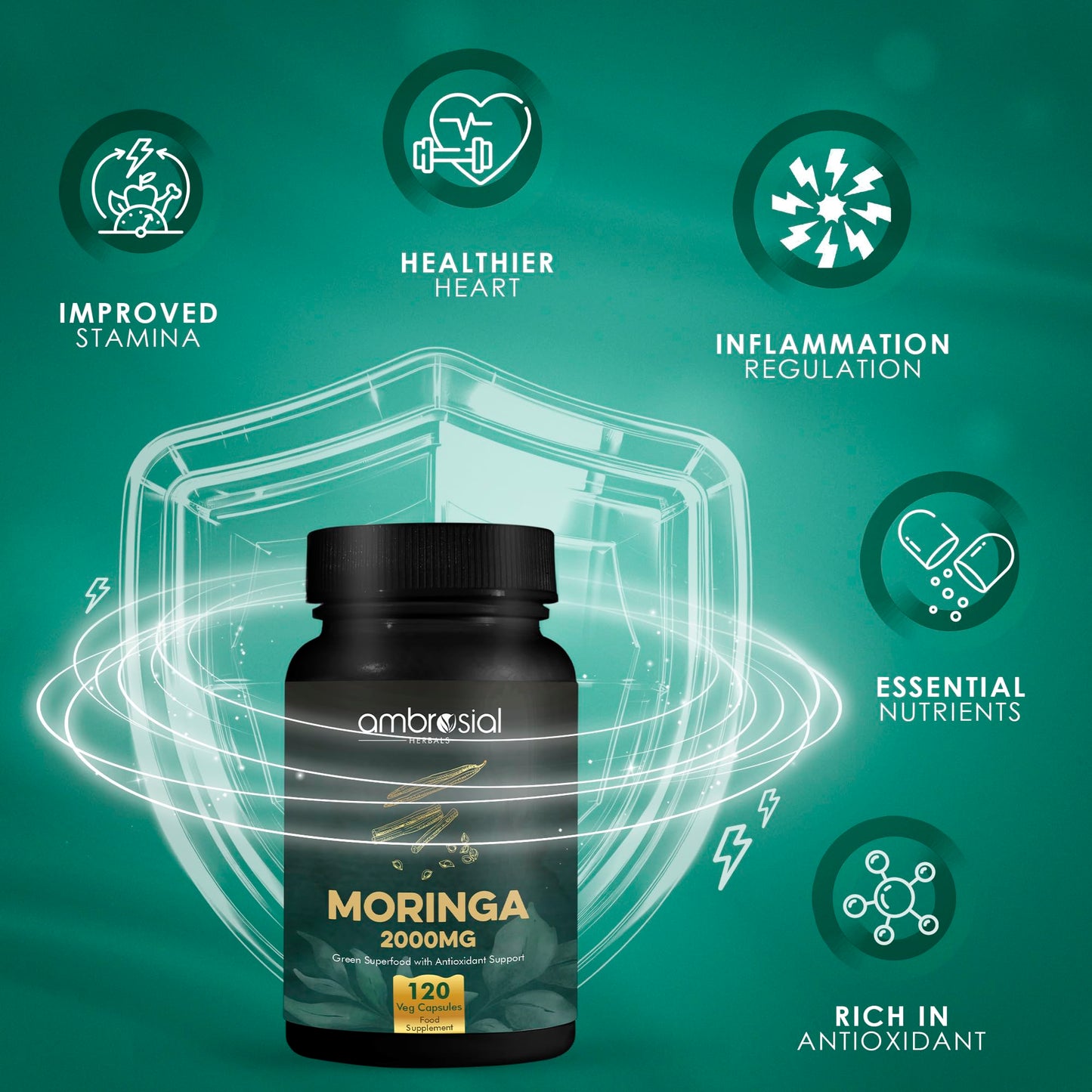 AMBROSIAL Ambrosial Premium Organic Moringa Capsules 2000MG - High Strength Antioxidant Superfood Supplement for Energy and Wellness - 120 Veg Capsules