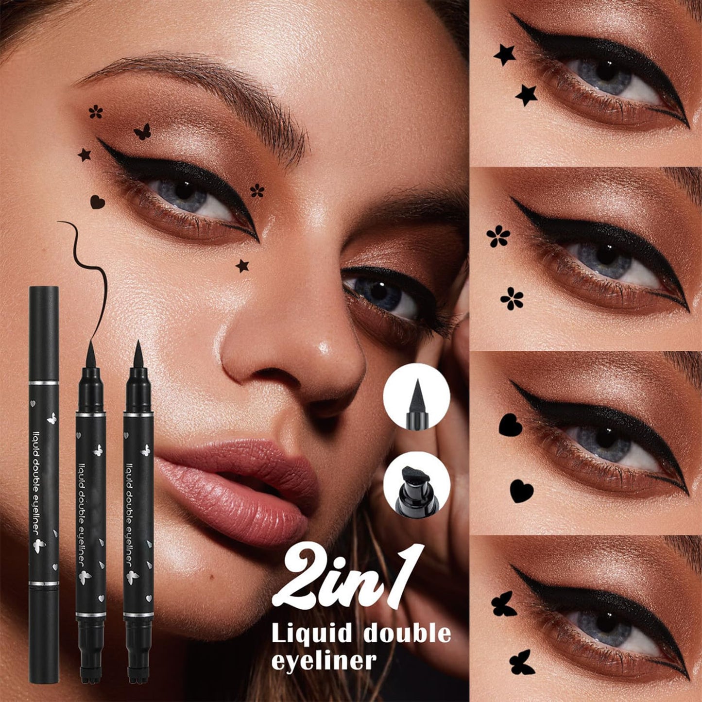 Eveloveu Waterproof Black Eyeliner Stamp Set - 5 Double-Headed Pens with Heart, Flower, Star, Butterfly & Triangle Seal Stamps for Long-Lasting, Smudge-Proof Tattoo Makeup