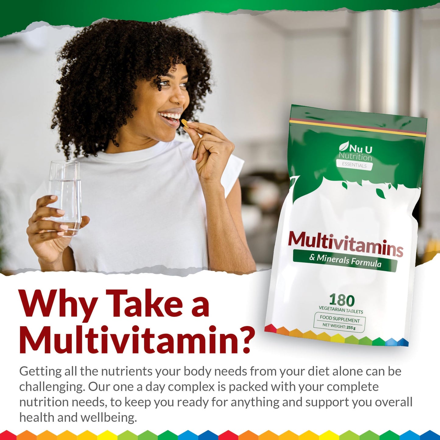 Multivitamin Tablets for Men & Women - 180 Tablets - 6 Month Supply - 25 A-Z Multivitamins & Minerals Including Iron, Zinc & Vitamin D - One a Day - Made in The UK - Nu U Nutrition