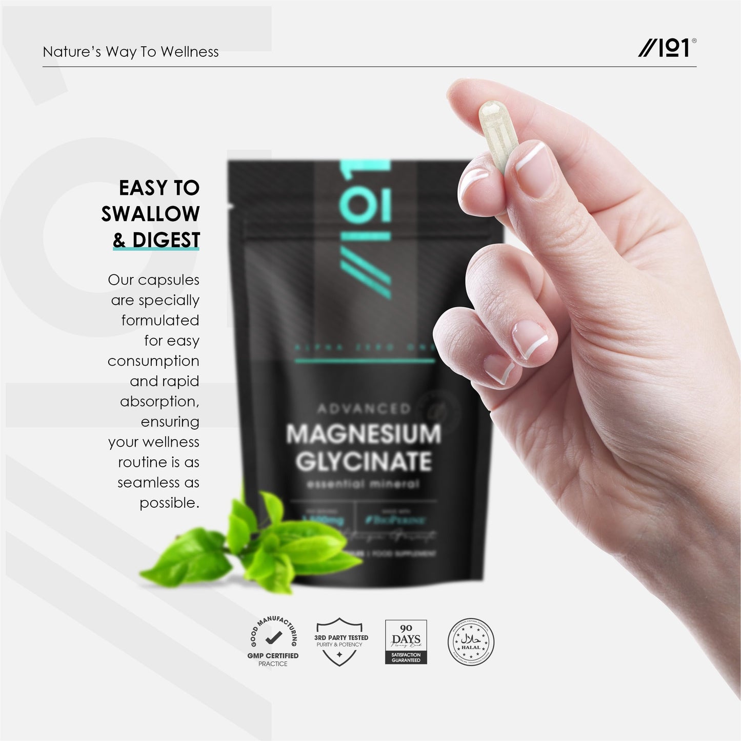 Magnesium Glycinate 1500mg with BioPerine® – Supports The Nervous System - Reduces Tiredness and Fatigue - 90 Vegan Capsules (45 Days Supply) - Resealable and Recyclable Pouch - by Alpha01