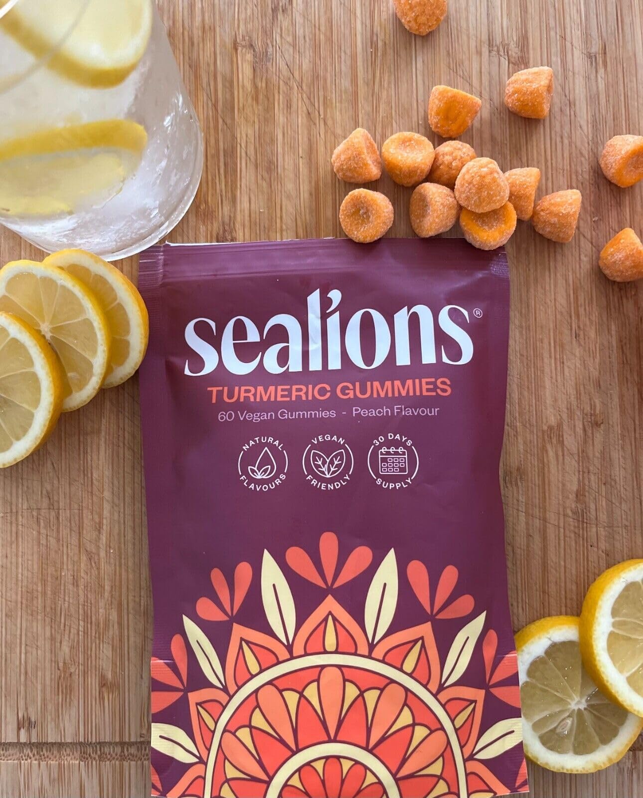 Sealions Turmeric Ginger and Black Pepper Gummies X 60 - High Strength Vegan Peach Flavour Chews - Alternative to Turmeric & Black Pepper Capsules for Men & Women