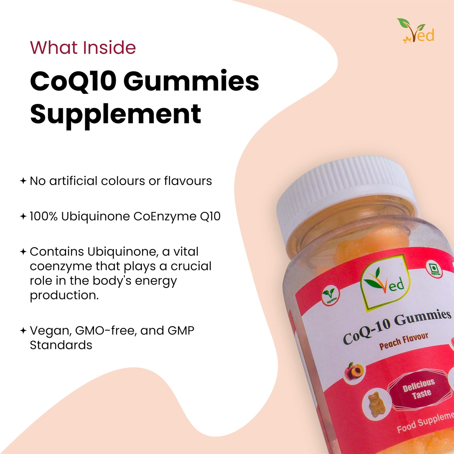 VED Ved Co Enzyme Q10 Gummies, Super Antioxidant, Vegan for Men and Women, Peach Flavour 60 Days’ Supply.(Pack of 2)