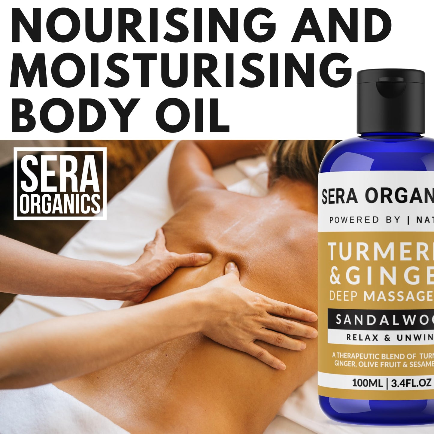 Turmeric & Ginger Massage Oil - Soothing All Natural Oil Blend For Lymphatic Drainage, Nerve, Muscle & Joint Discomfort Relief, Warming & Relaxing Massage - Sandalwood (100ml) UK Made By Sera Organics