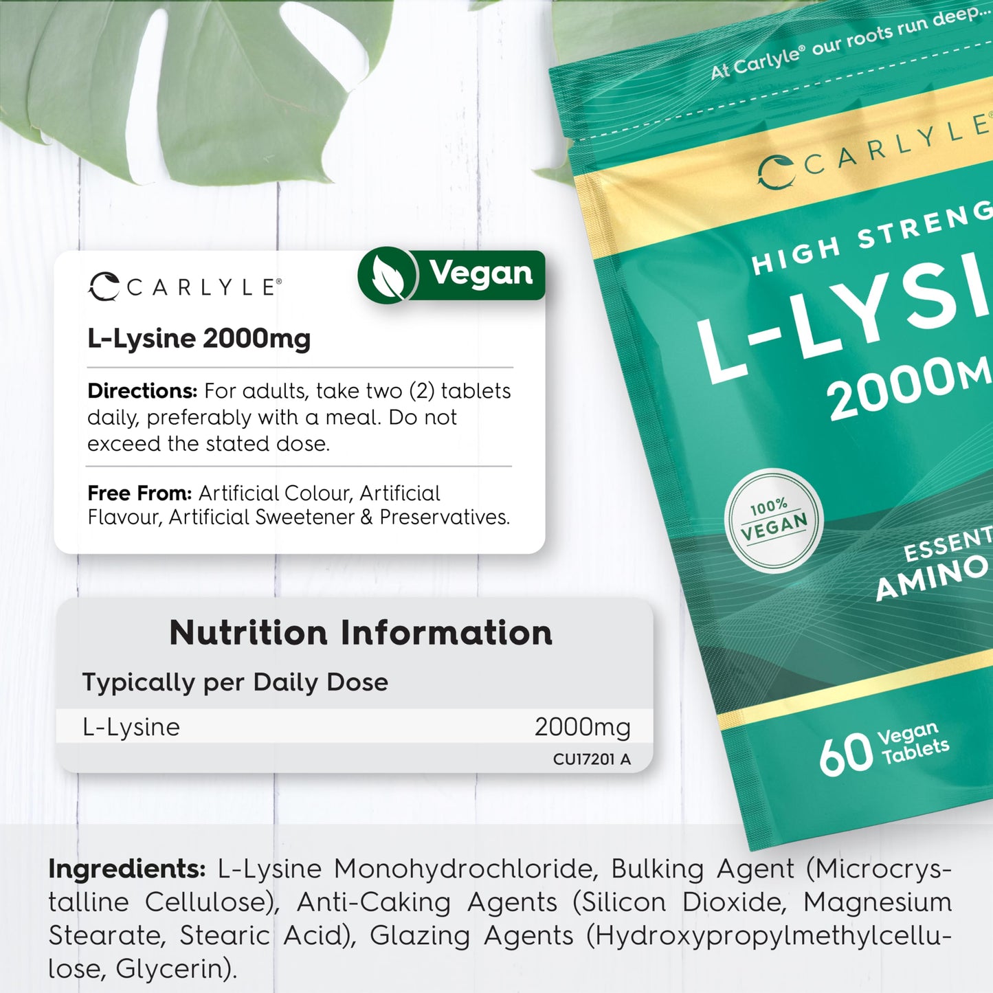 L-Lysine 2000mg Tablets | 60 Count | High Strength Vegan Supplement | Essential Amino Acid | by Carlyle