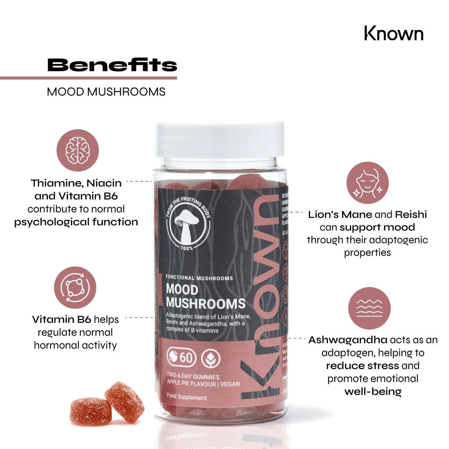 Known - Mood Mushrooms - 60 x Two-a-Day Vegan Gummies with Reishi Mushrooms, Lions Mane and Ashwagandha - Halal Apple Pie Flavoured Adaptogenic Mushroom Gummy - Nootropic Supplement for Mood & Stress