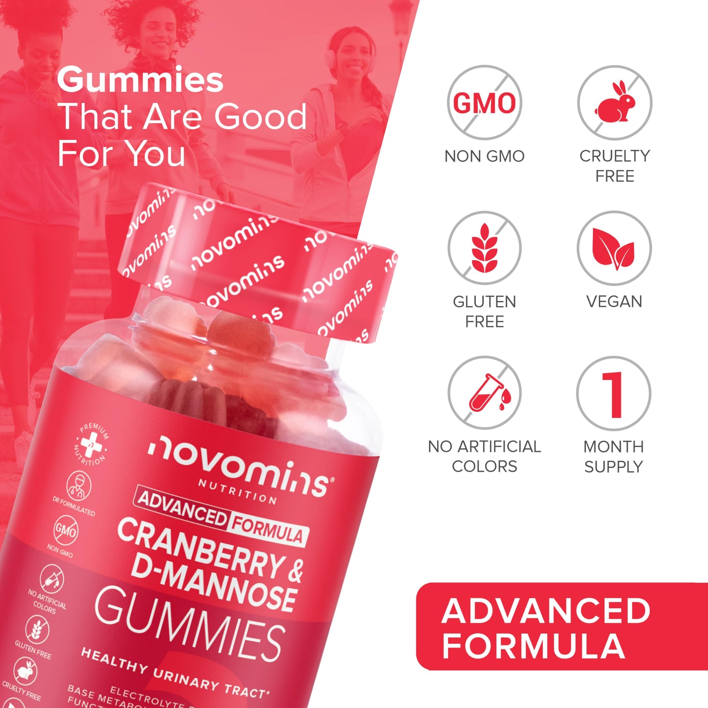 Novomins Cranberry & D Mannose Gummies - Cranberry Supplement for Urinary Tract Health and Better Bladder Control - With Zinc, Magnesium, and D-Mannose Powder - Vegan & Gluten-Free - 60 Inulin Gummies
