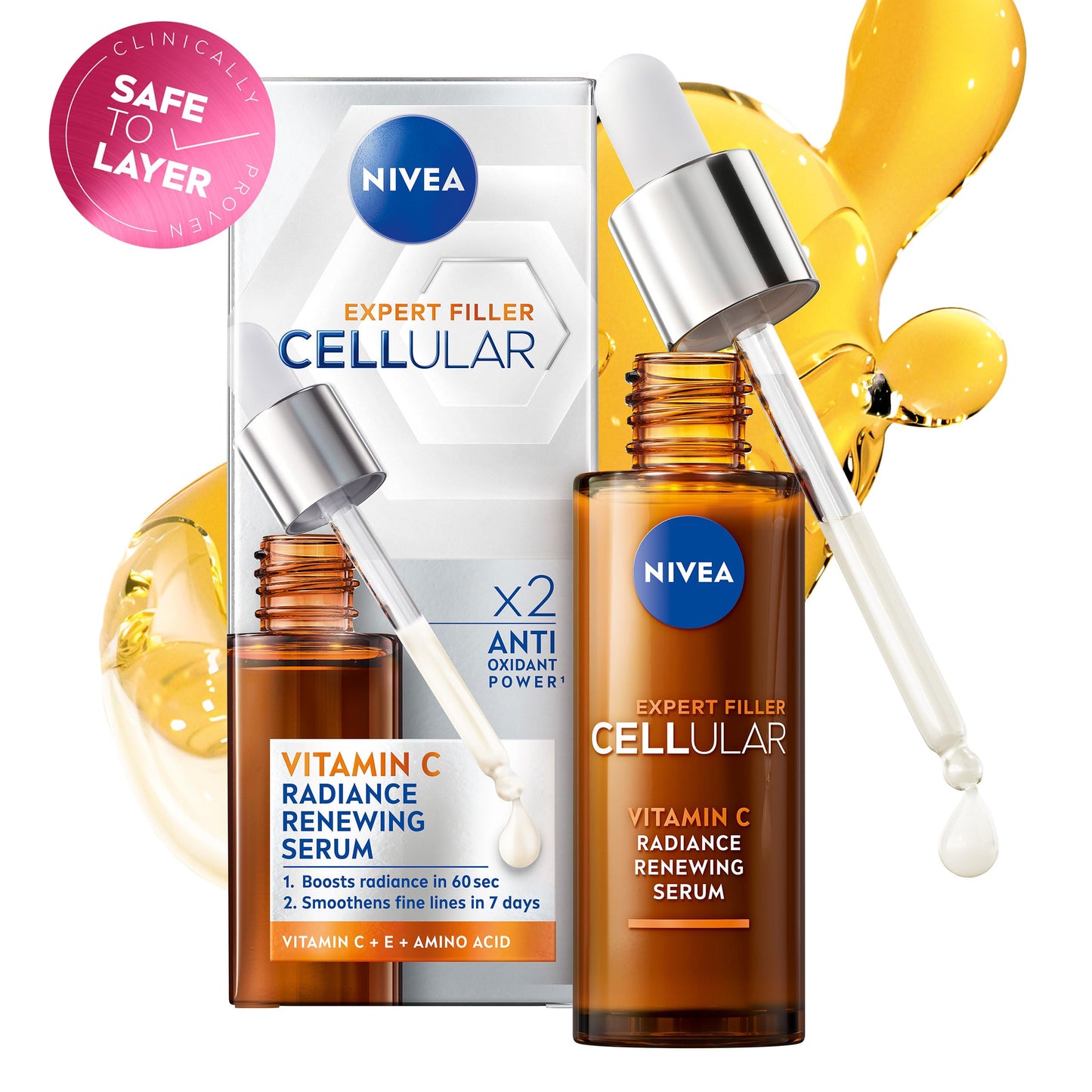 NIVEA Cellular Expert Filler Vitamin C Radiance Renewing Serum (30ml), Anti-Ageing Vitamin C Serum to Smooth Fine Lines and Wrinkles, Face Serum that Protects Against Sun Damage and Pollution