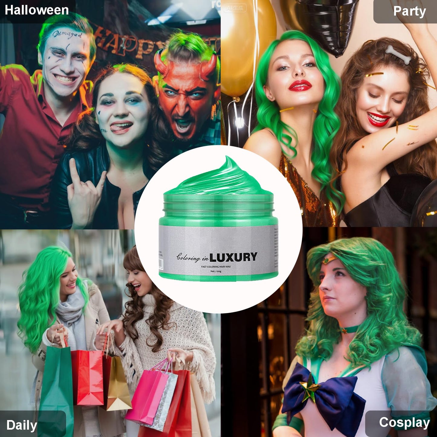 Temporary Green Hair Color Wax - Instant Styling Green Hair Dye Mud - Washable Coloured Hair Wax Pomad For Men Women - Ideal For Halloween, Cosplay, Parties,Masquerade,Nightclub (120g)