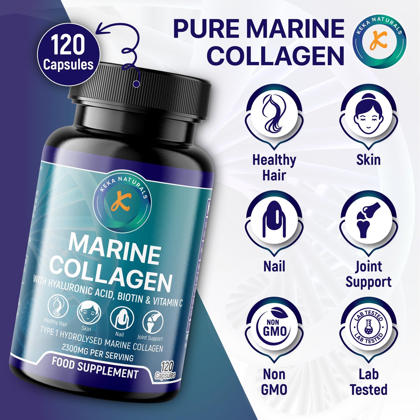 Hydrolysed Marine Collagen Peptides 2300mg - Enhanced with Hyaluronic Acid & Vitamin C - High Strength Collagen Supplements for Women and Men - 120 Capsules