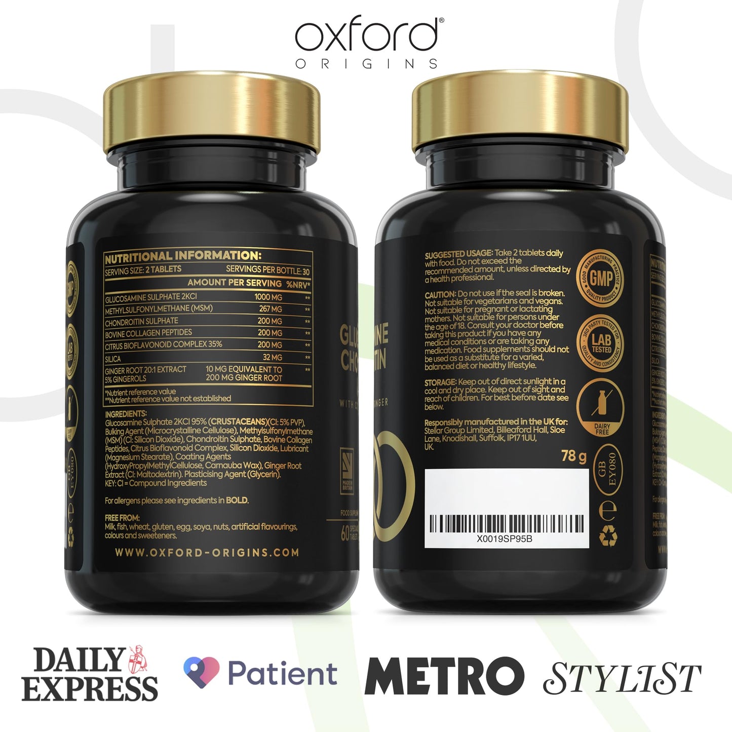 Glucosamine and Chondroitin MSM Tablets High Strength | 60 Glucosamine Sulphate Tablets - with Collagen, Citrus Bioflavonoid and Ginger Root Extract | Glucosamine Tablets Men and Women Made in The UK