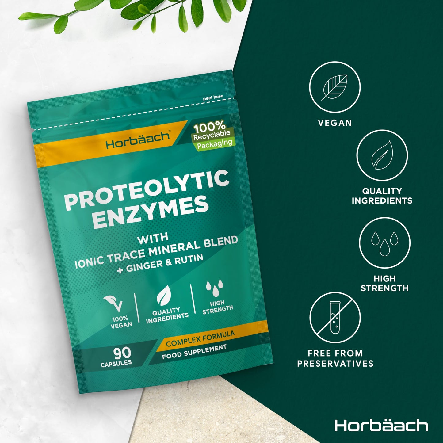 Proteolytic Enzymes Complex with Trace Minerals | 90 Vegan Capsules | Digestive Enzyme Supplement with Papain, Bromelain, Ginger, Selenium, Zinc & More! | by Horbaach