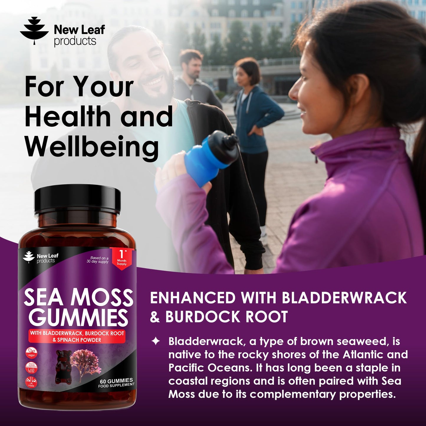 NEW LEAF PRODUCTS Sea Moss Gummies - 60 Gummies Enriched with Irish Sea Moss, Burdock Root and Bladderwrack - High Strength 3000mg Vegan Vitamin Gummies - Seamoss Gummies Made in UK by New Leaf