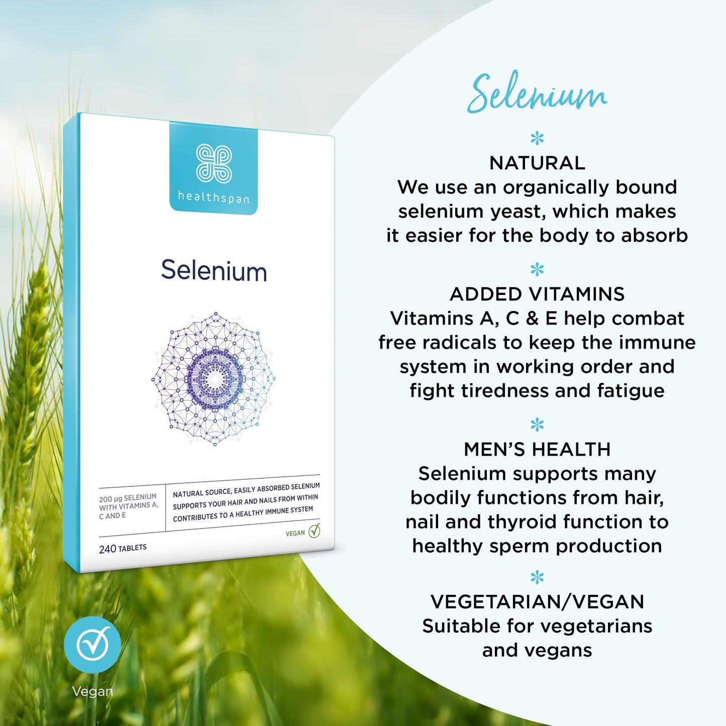 healthspan Healthspan Selenium | 240 Tablets | Highly Absorbable | with Vitamin C, A & E | Hair, Nails and Skin Health | Vegan